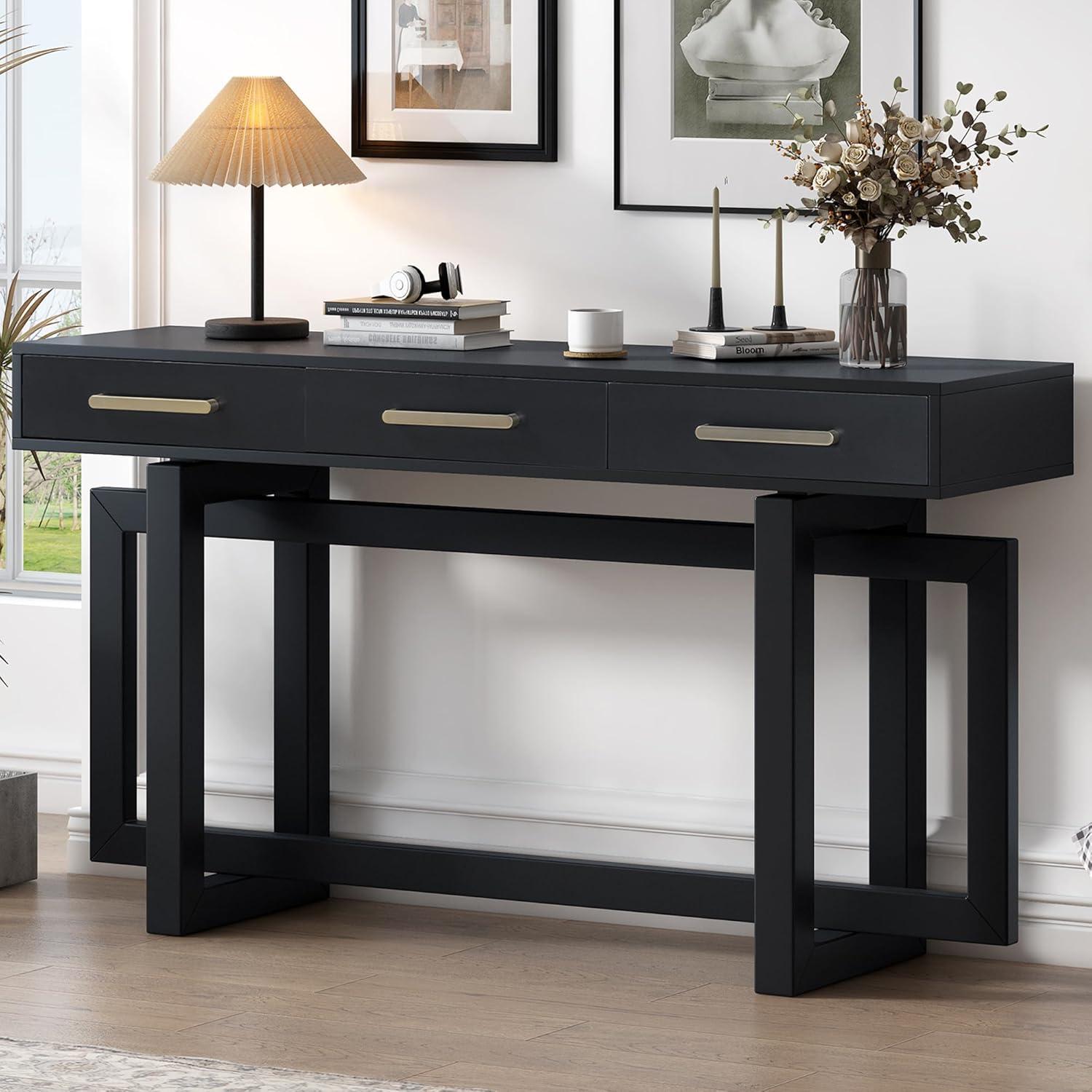 57"W Elegant Console Table with 3 Drawers and Irregular Legs, Extra Long Entryway Table, Black 4B - ModernLuxe