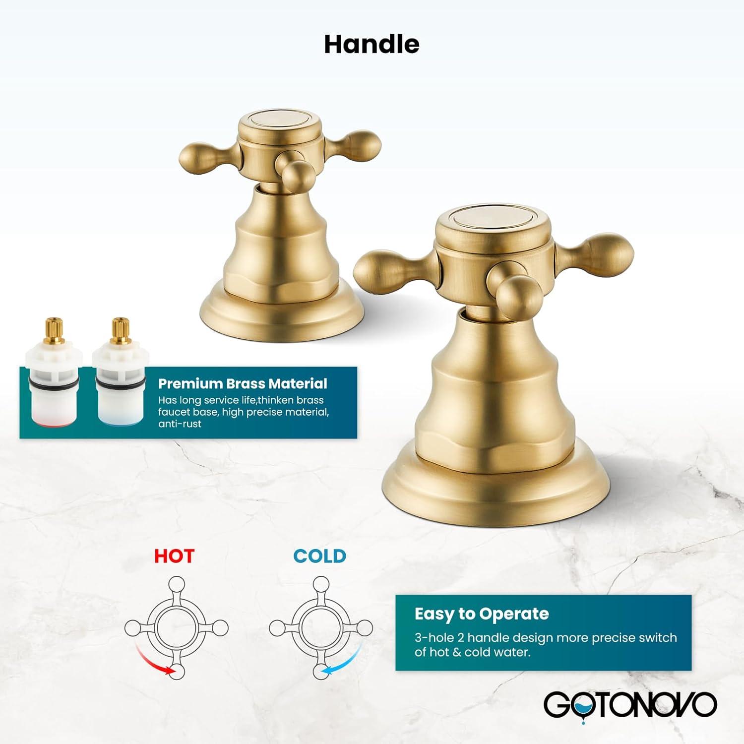 gotonovo Bathroom Faucet 3 Hole 8 Inch Widespread Bathroom Sink Faucet 2 Cross Handles Vintage Lavatory Vanity Mixer Tap with Pop Up Drain, H C Label, Antique Brass