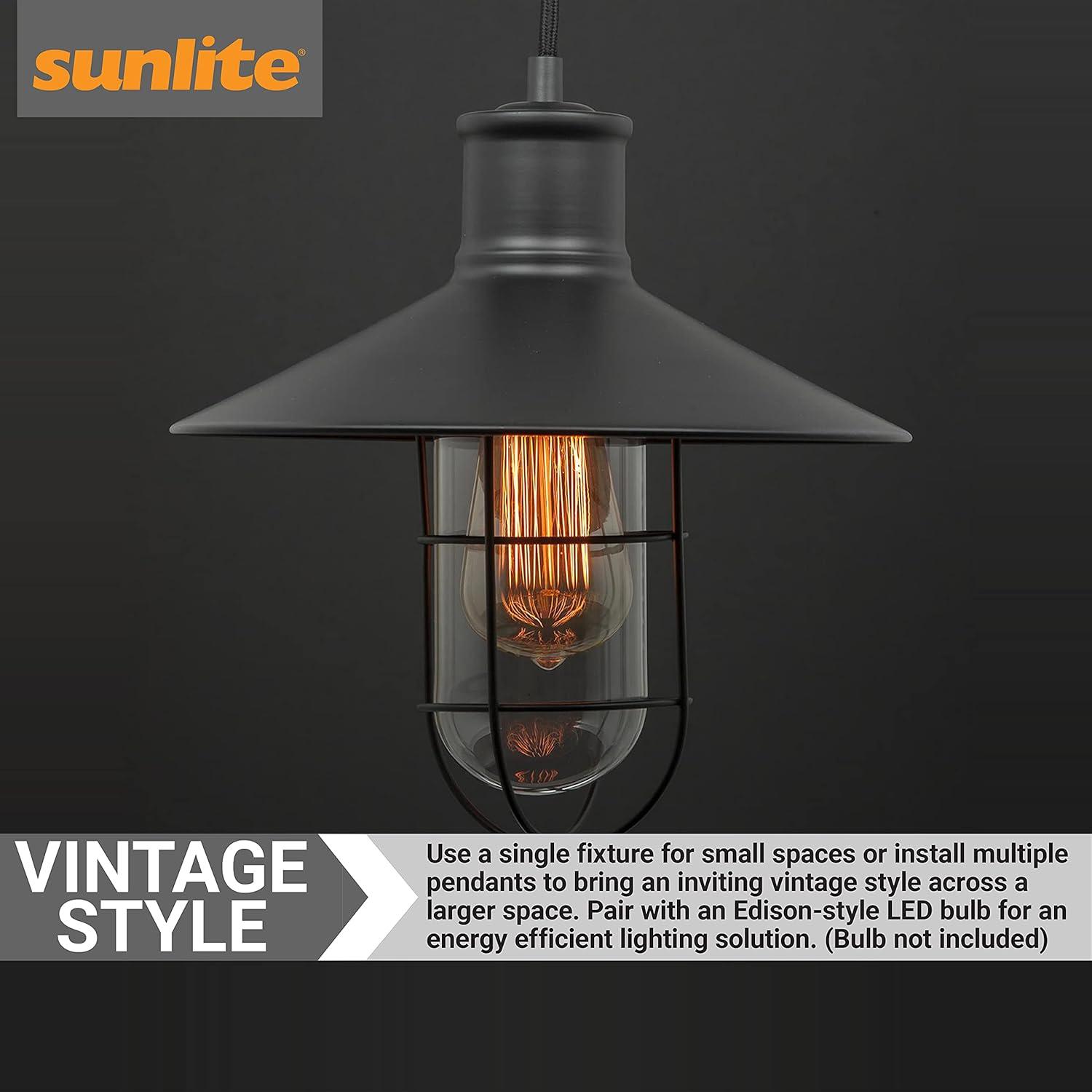 Sunlite 07005-SU Vintage-Inspired Caged Canopy Pendant, Industrial Style, Farmhouse Country-Chic Décor, Medium Base Socket (E26), 68” Braided Woven Cord, 60 Watts Max, UL Listed, Satin Black Finish
