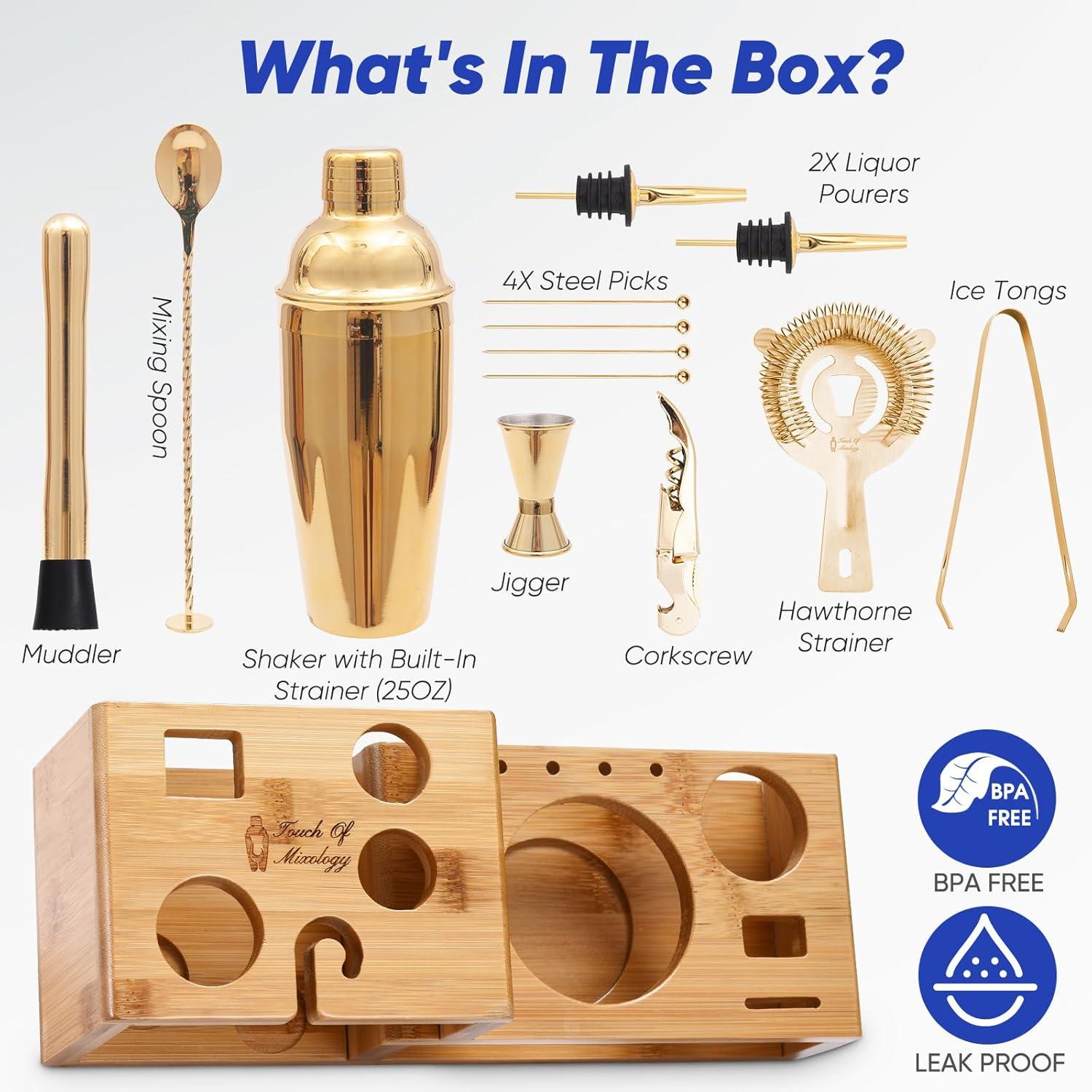 Touch of Mixology Premium 14 Piece Stainless Steel Bartender Kit with Bamboo Stand (Dark Metallic)