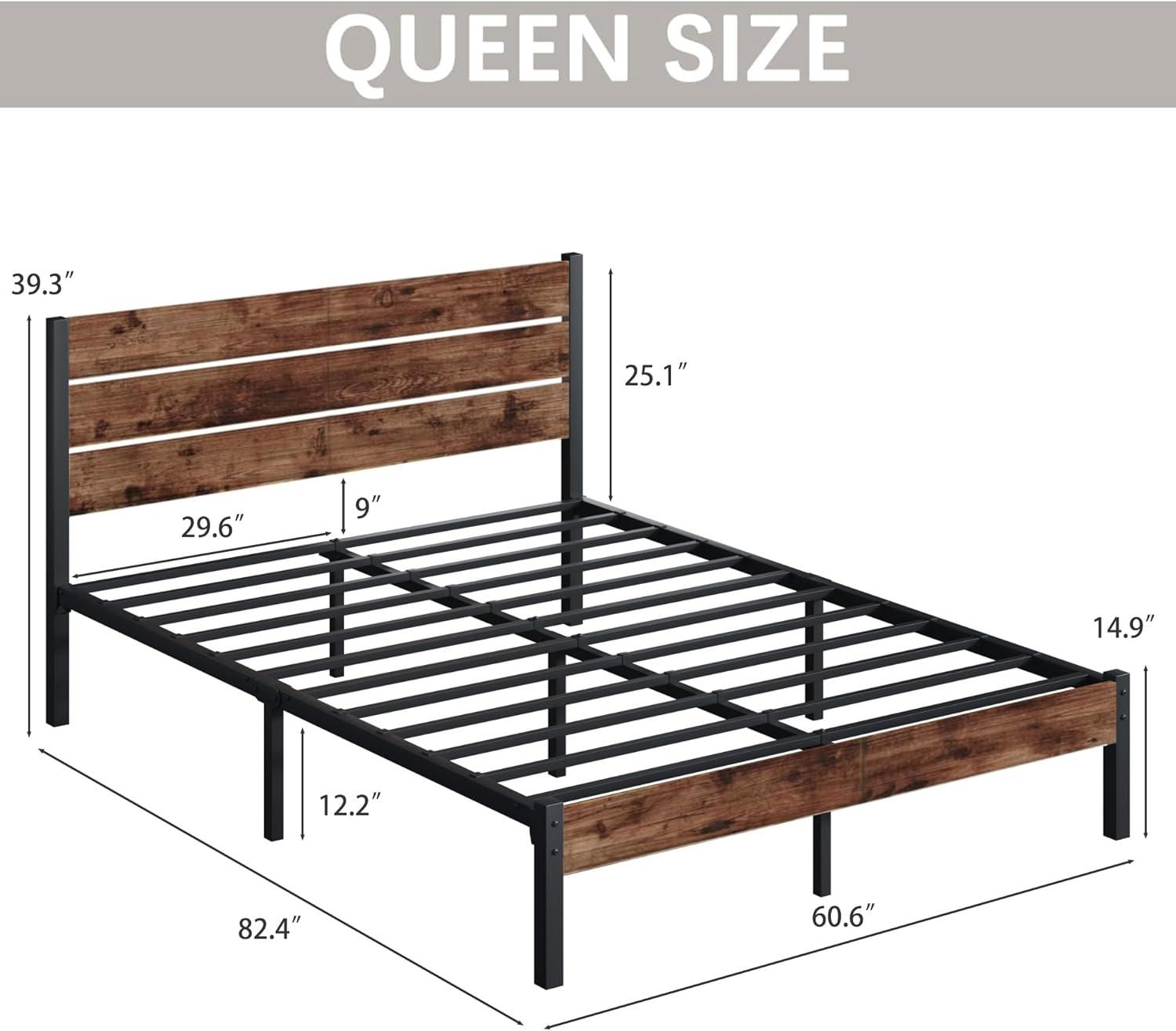 U-SHARE Queen Bed Frame with Headboard and Footboard, with Under Bed Storage, All-Metal Support System, No Box Spring Needed, Easy Assembly,Rustic Brown