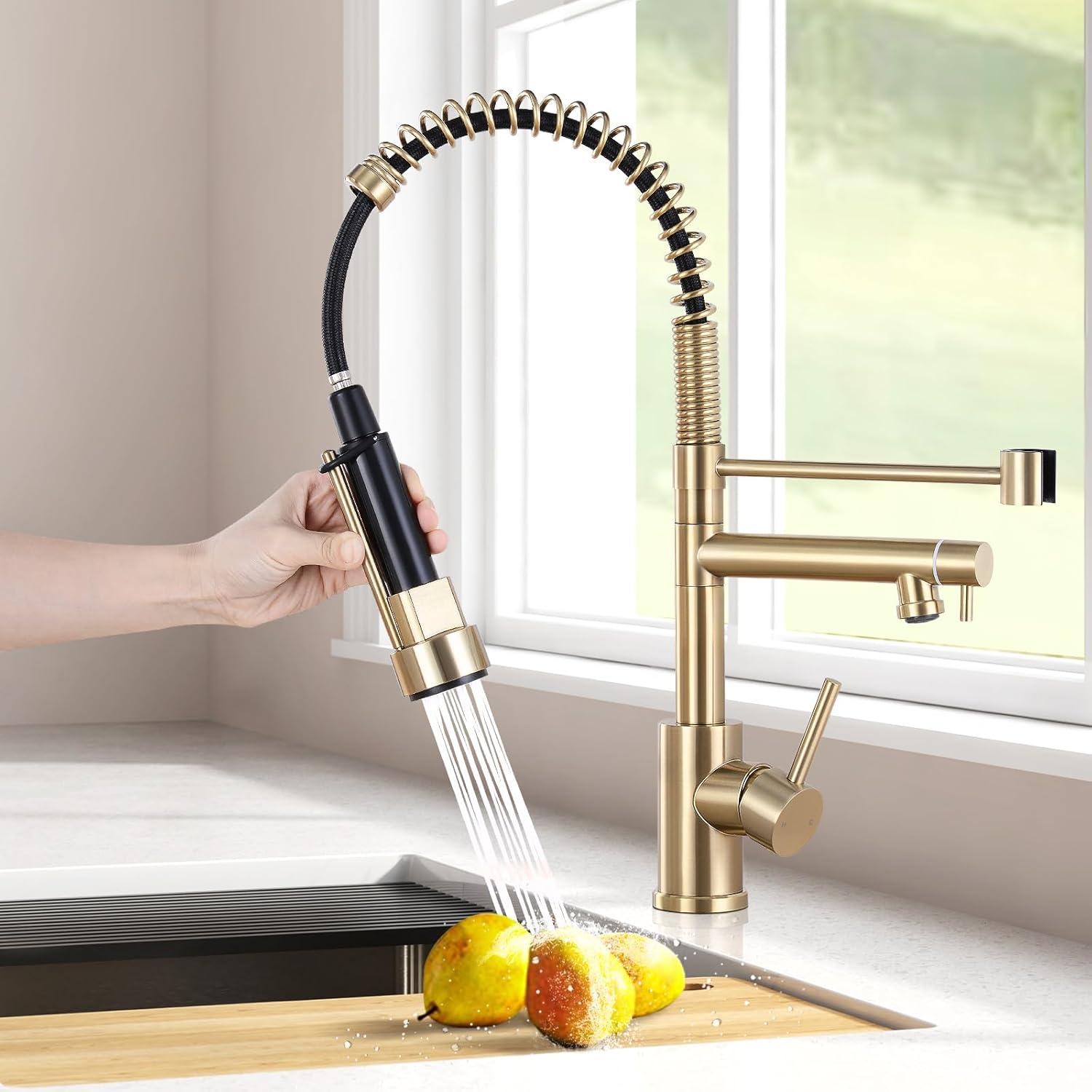 Contemporary Kitchen Sink Single Handle Brass Spring Kitchen Faucet with Pull Down Sprayer, Rotatable Pull-Out Kitchen Mixer Tap, Brushed Gold Kitchen Sink Faucets