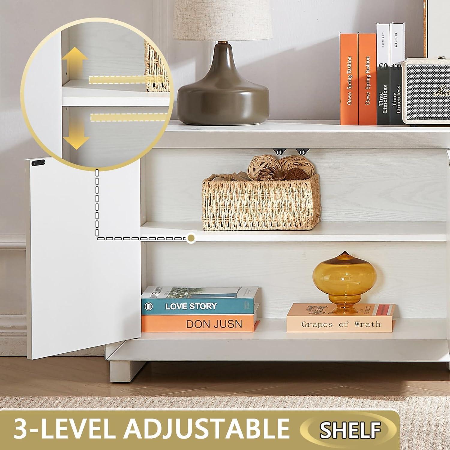 Lunale 64" Sideboard Storage Cabinet, Buffet Cabinet Wooden Vertical Striped Cabinet for Bedroom/Entryway, White