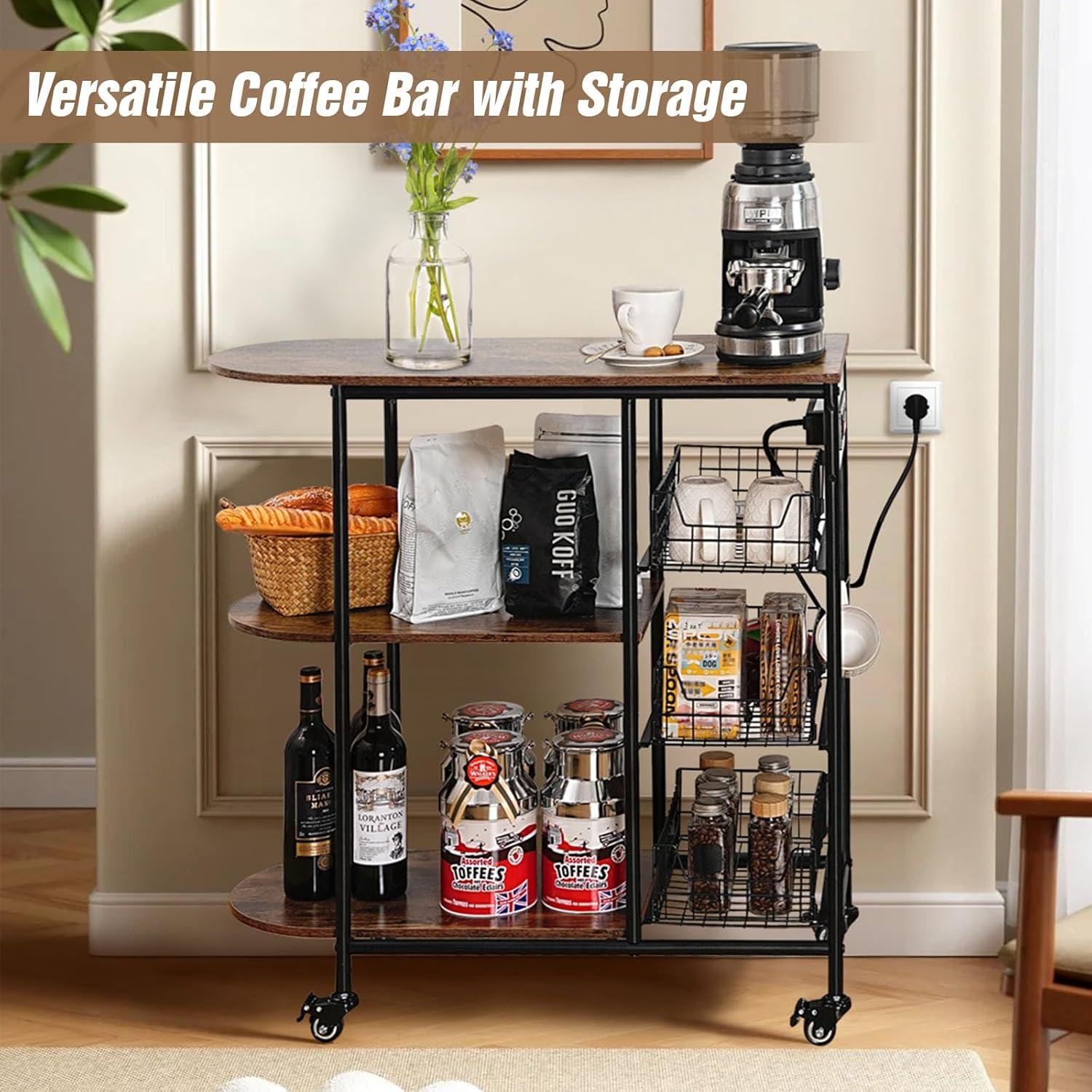 Kitchen Bakers Rack with Power Outlet, Microwave Stand with 3 Pull-Out Fruit Basket Storage, Coffee Bar Carts Table on 4 Wheels, 6 S-Hook Storage Shelf for Spice Rack Organizer Workstation, 33.9 inch
