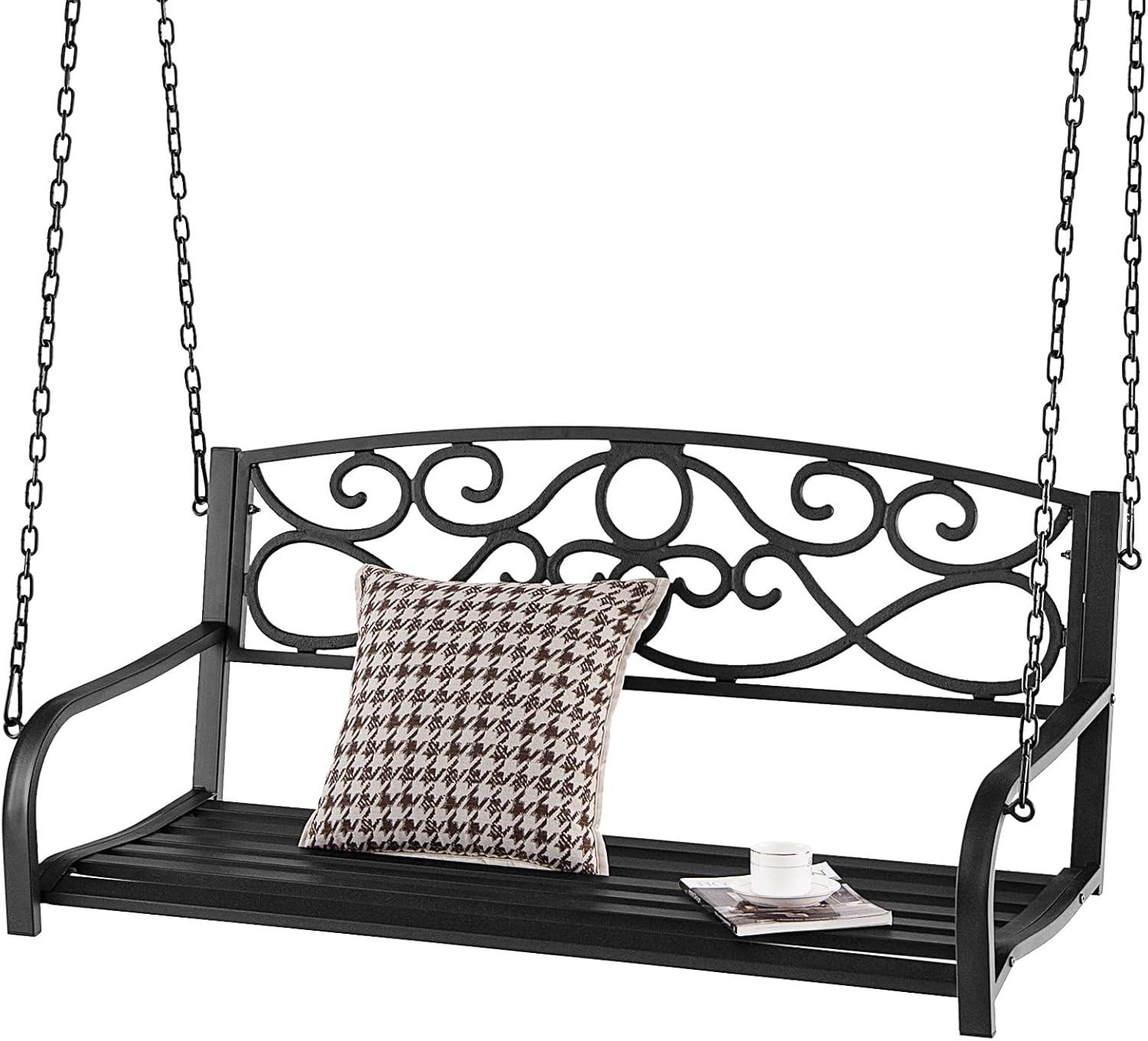 Black Metal 2-Person Hanging Porch Swing with Chains and Armrests