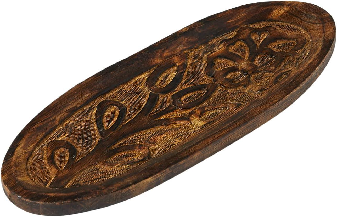 Hand-Carved Mango Wood Oval Floral Decorative Tray