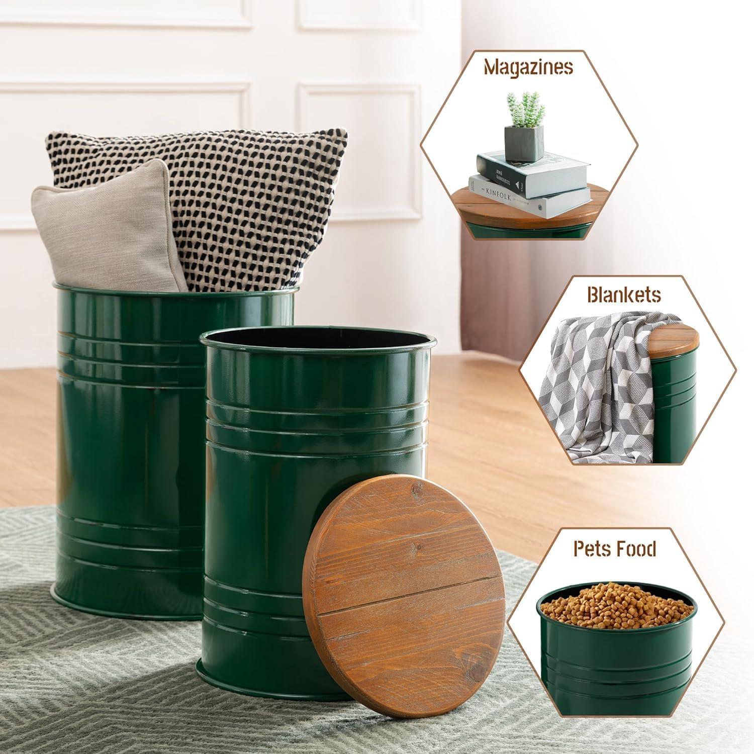 Glitzhome Rustic End Table Set of 2, Farmhouse Galvanized Metal Barrel Ottoman Storage Stool with Round Wood Lid for Living Room Furniture, Hunter Green