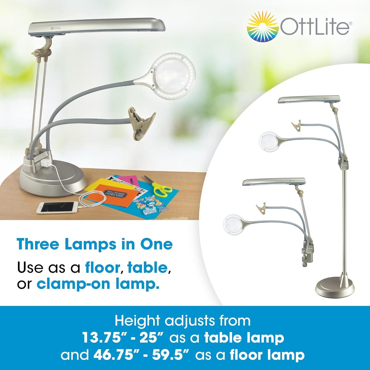 OttLite Ultimate 3-in-1 Craft Lamp, Built-in Outlet, Adjustable Neck, Magnifier & Versatile Height