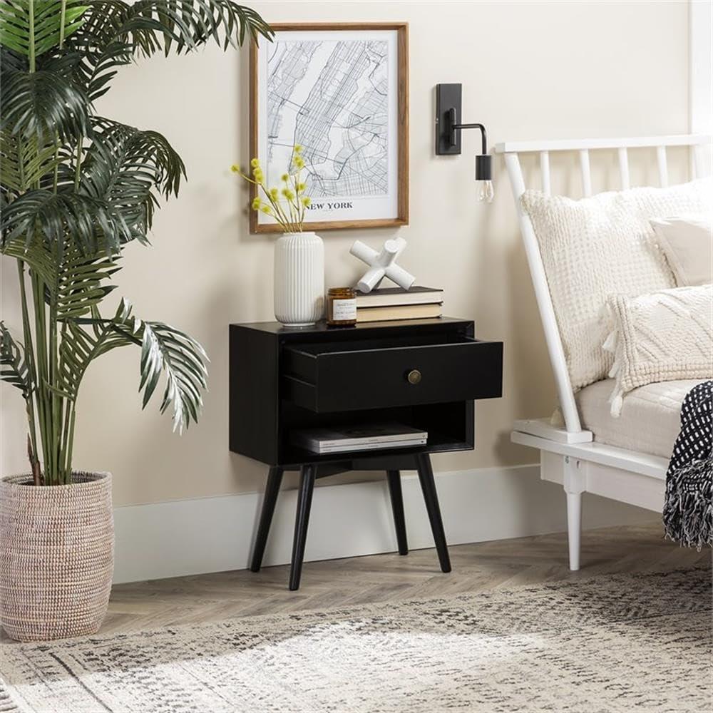 Mid-Century Modern Black Pine Wood 1-Drawer Nightstand