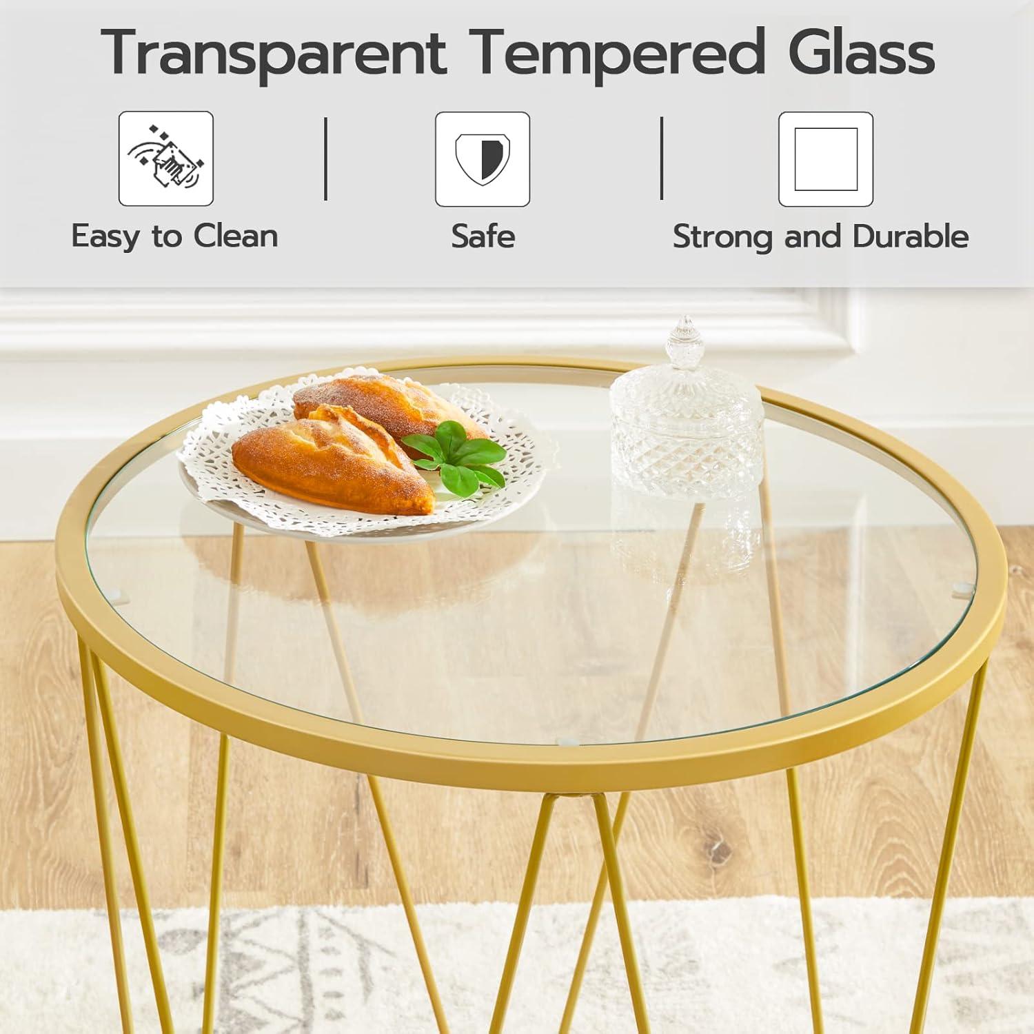 Small Coffee Table Set of 2, Round Coffee End Table with Metal Frame, Glass Top, Gold Side Table for Living Room, Bedroom and Balcony, Modern Style, Gold GD79BZ01