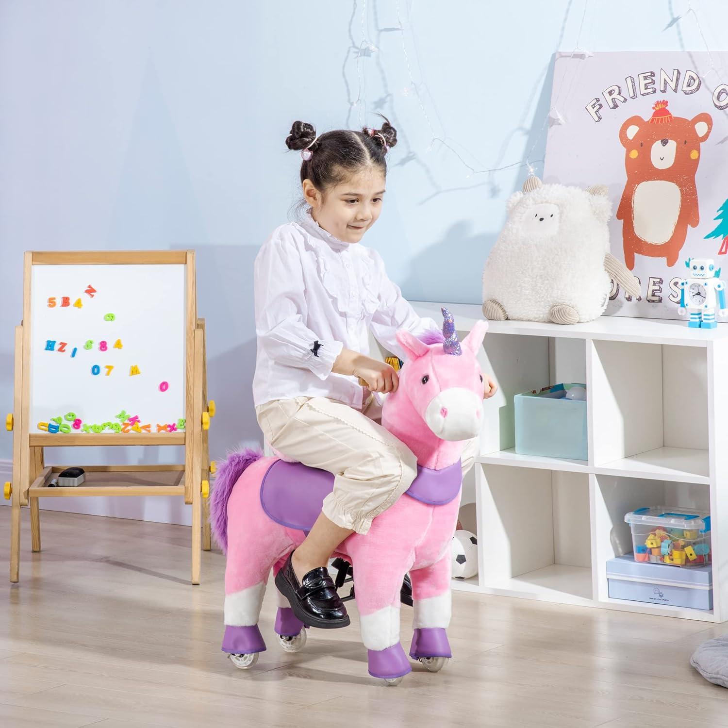 Qaba Ride On Real Walking Unicorn with Sparkly Horn, Soft Plush Ride On Rocking Horse Bearing 176lbs, Imaginative Interactive Toy for Kids, Unicorn Gifts