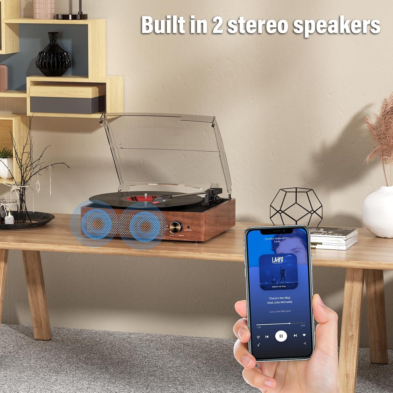 Record Players Vintage Turntable for Vinyl Records with Speakers Belt-Driven Turntables Support 3-Speed, Bluetooth Wireless Playback, Headphone, AUX-in, RCA Line LP Vinyl Players
