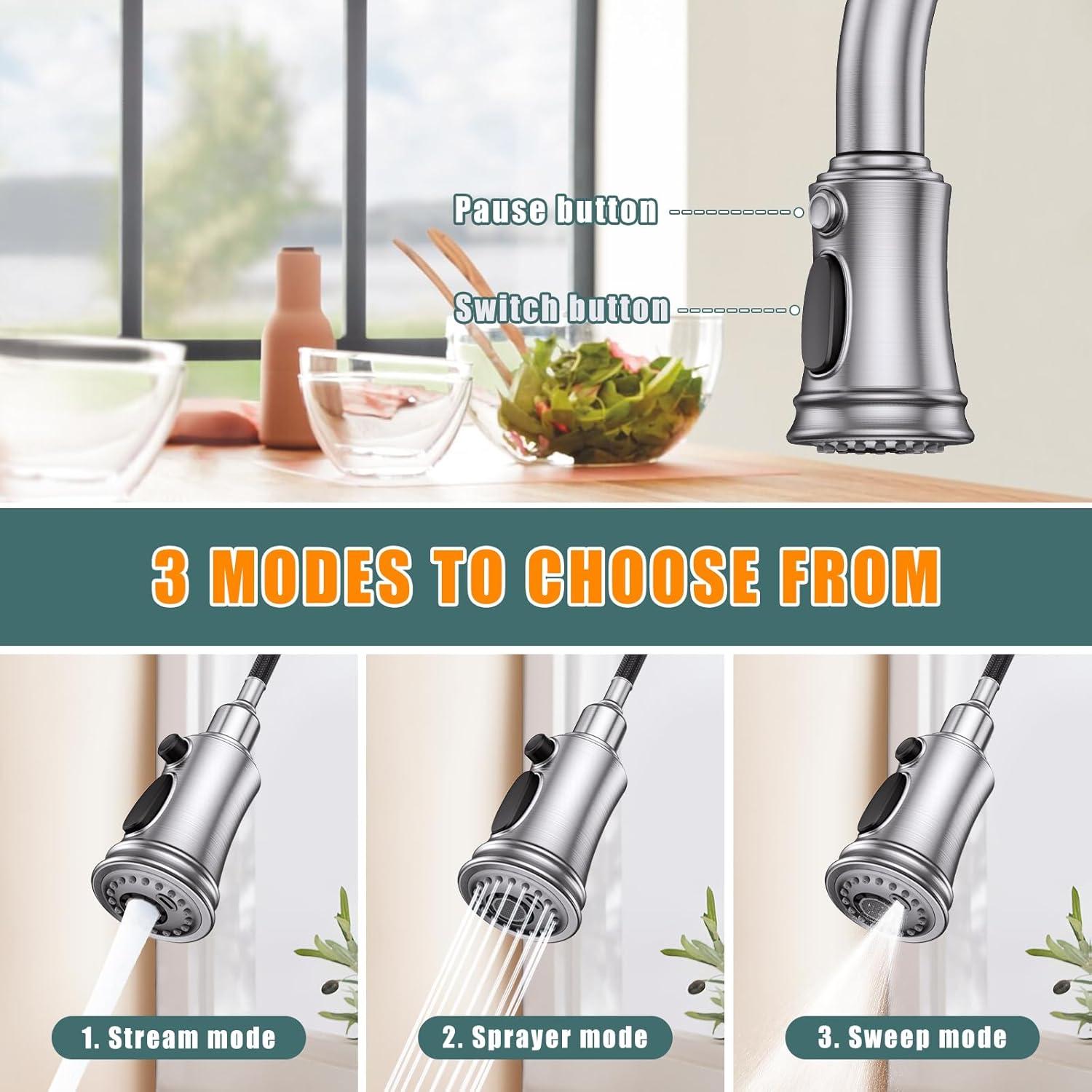 Kitchen Faucets with Pull Down Sprayer, Brushed Nickel Kitchen Faucets 1/3 Hole, Single Handle High Arc Stainless Steel Kitchen Sink Faucet with Sprayer for Laundry Farmhouse Bar