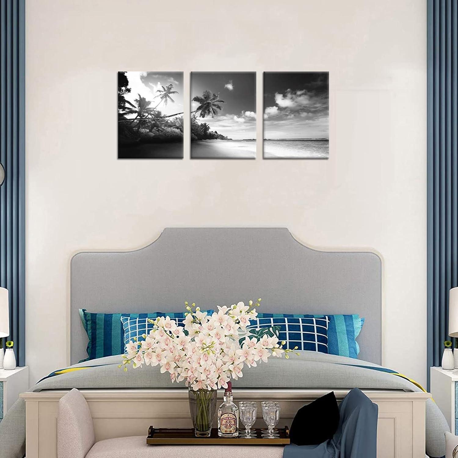 Black and White Tropical Beach Canvas Wall Art Set