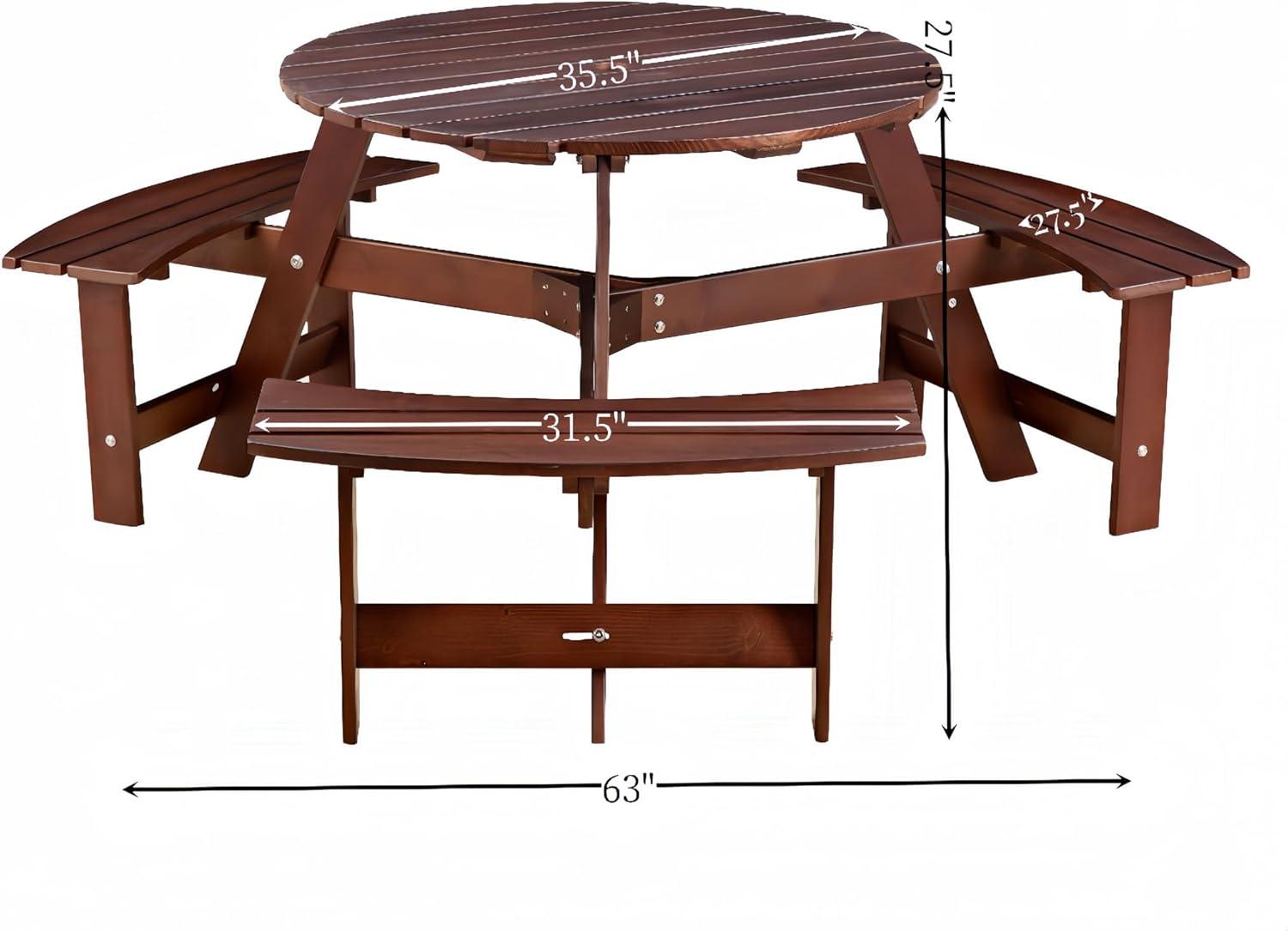 6 Person Wood Picnic Table, Outdoor Round Picnic Table with 3 Built-in Benches, Umbrella Hole, Outside Table and Bench Set for Patio, Backyard, 500lbs Capacity Per Bench (Brown)