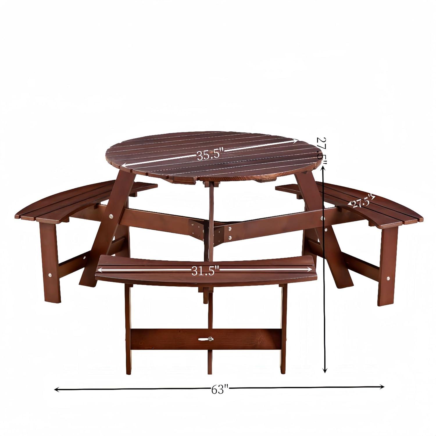6 Person Wood Picnic Table, Outdoor Round Picnic Table with 3 Built-in Benches, Umbrella Hole, Outside Table and Bench Set for Patio, Backyard, 500lbs Capacity Per Bench (Brown)