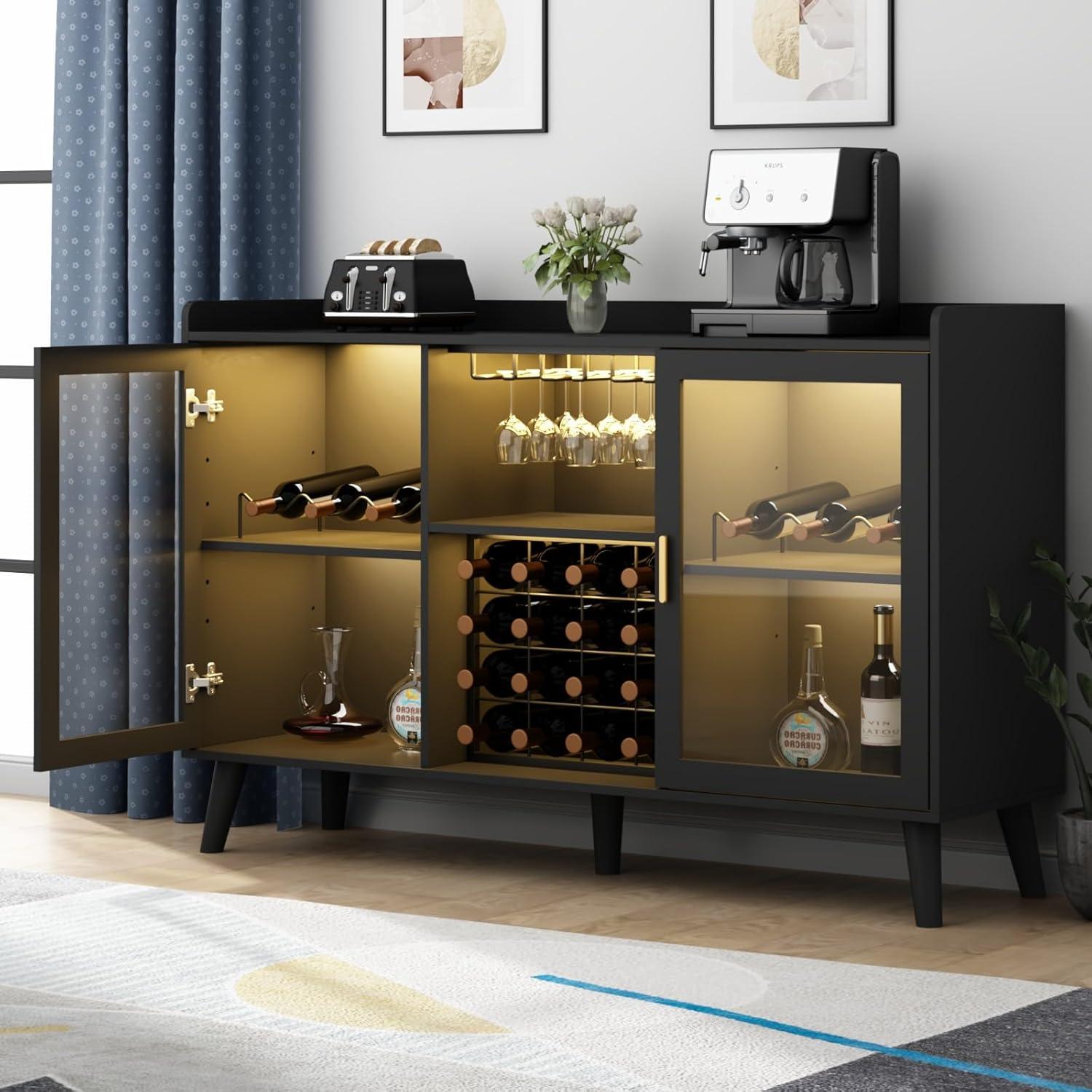 Black LED Wine Bar Cabinet with Glass Holders and Storage Shelves