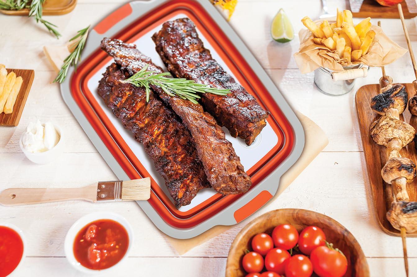 Large BBQ prep tub, Collapsible Cutting Board, food prep and Grill Caddy Tub with Colander & Lid, Silicone Dish Bowl for Backyard, Lawn, Picnic, Camping