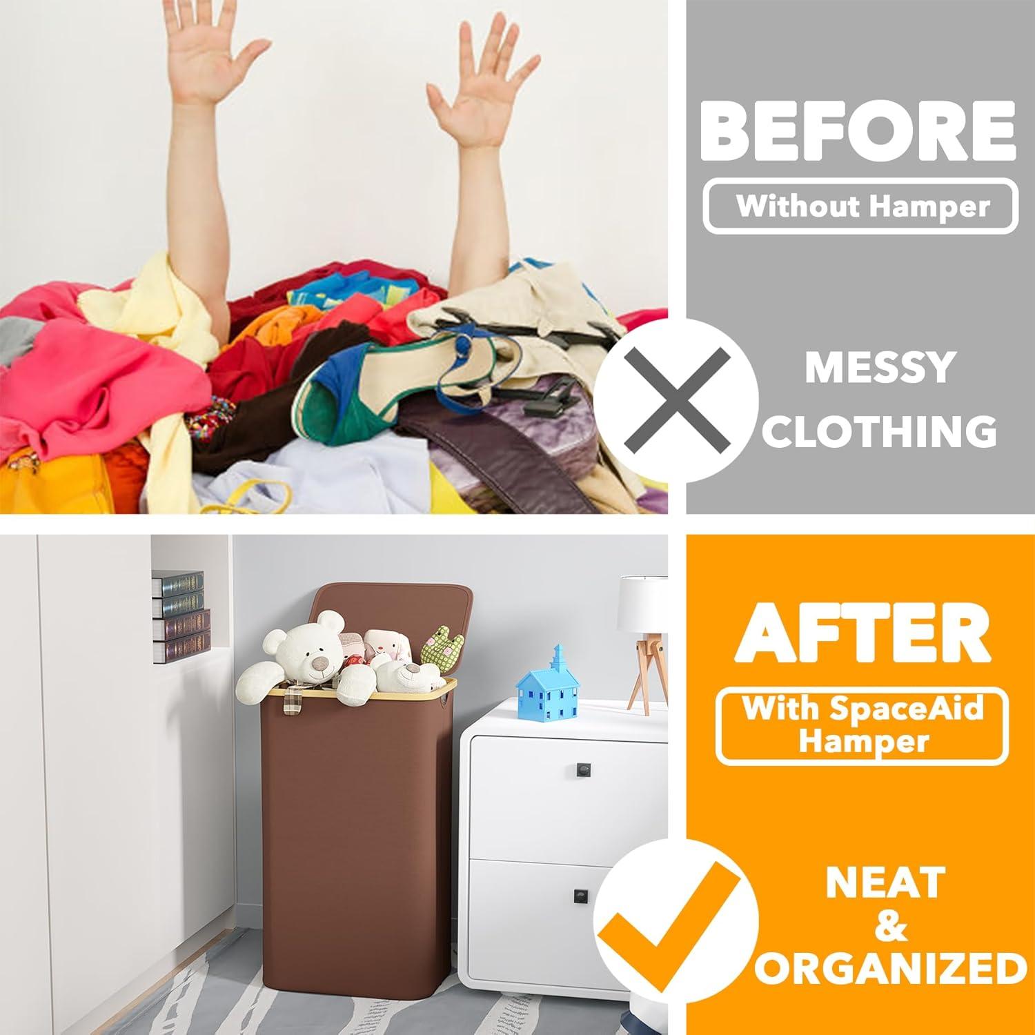 SpaceAid Tall Laundry Hamper with Lid – 110L Collapsible Clothes Basket with Bamboo Handles for Bedroom, Bathroom or Dorm