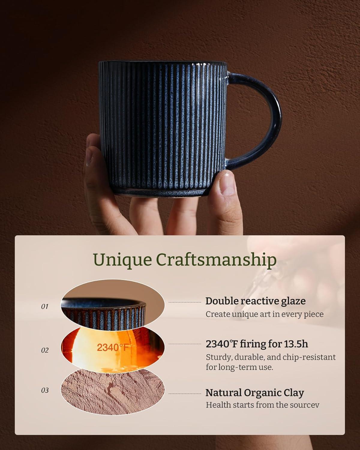 Espresso Cups and Saucers Set of 4, [ Mini ] 3 oz Ceramic Small Coffee Mug with Handle, Ribbed Stoneware Demitasse Cup for Tea, Latte - Microwave & Dishwasher Safe - Nebulas Blue