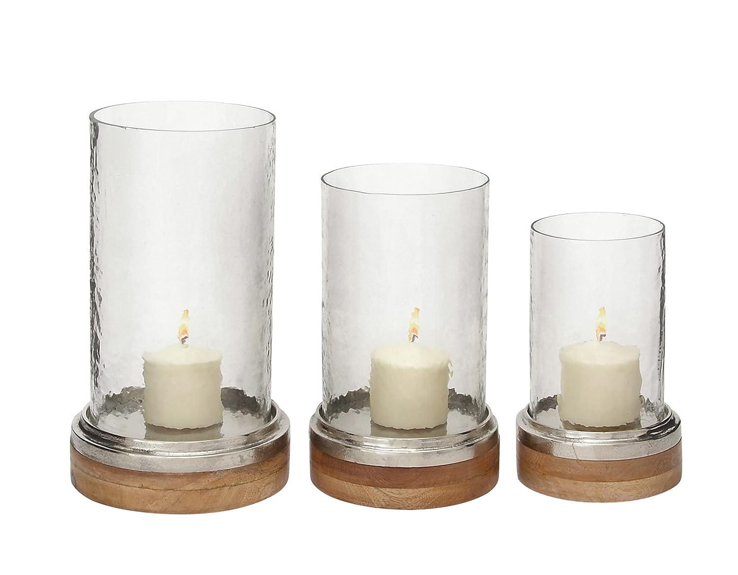 Set of 3 Mango Wood and Aluminum Candle Holders - Olivia & May