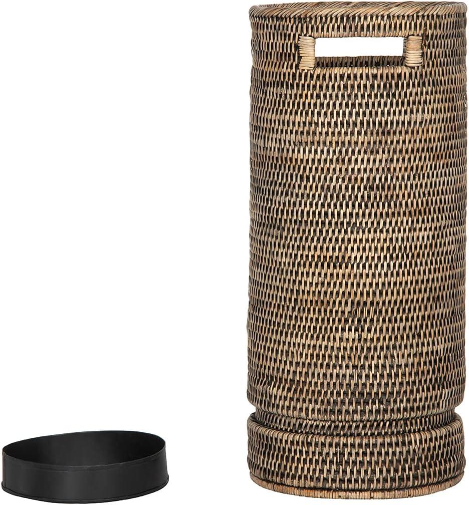 Kouboo La Jolla Rattan Round Handmade Umbrella Holder Freestanding Cane Stand Decorative, Catch, Stand For Entryway, Black Wash