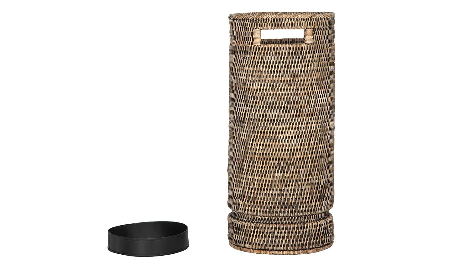 Kouboo La Jolla Rattan Round Handmade Umbrella Holder Freestanding Cane Stand Decorative, Catch, Stand For Entryway, Black Wash