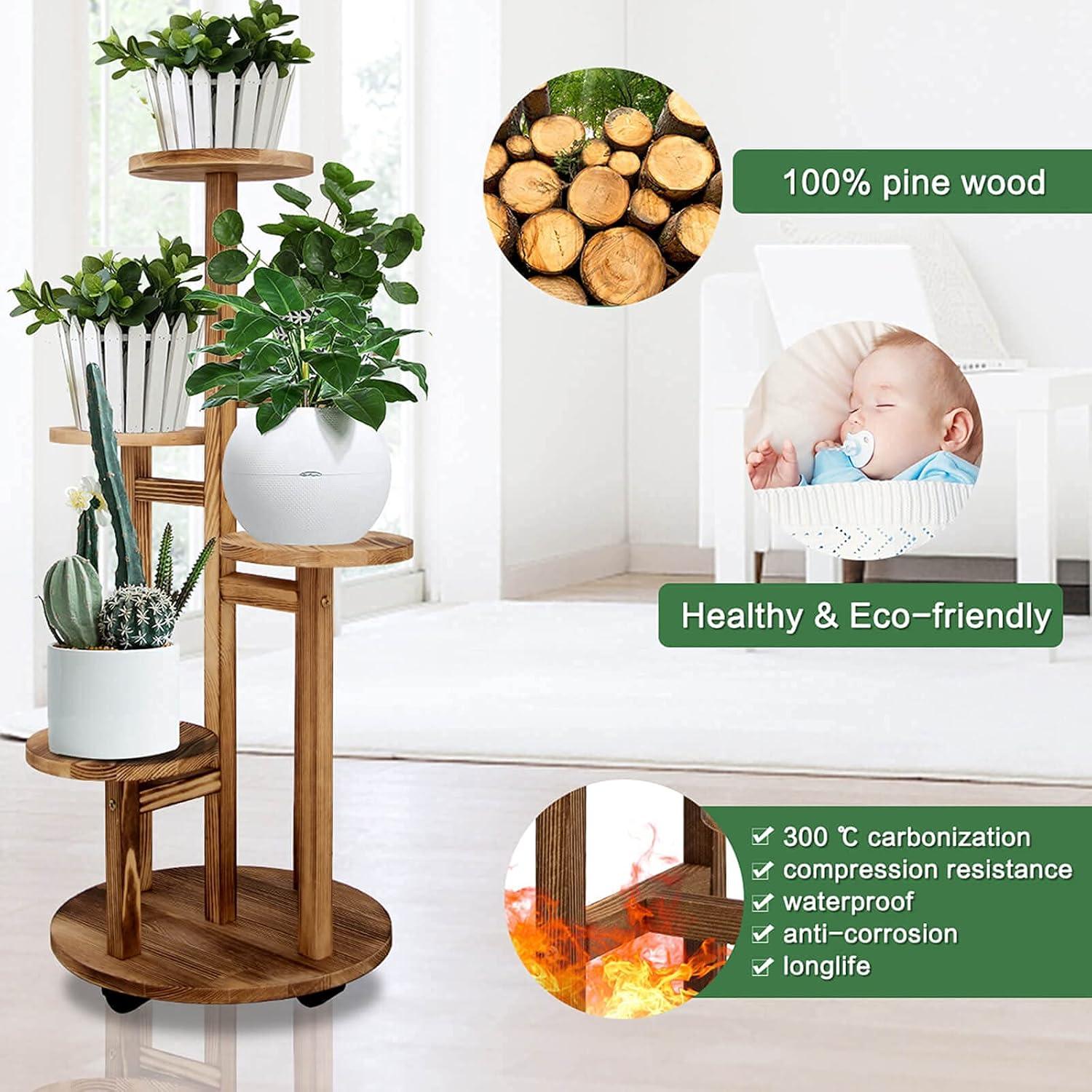 Walnut 5-Tier Pine Wood Indoor Plant Stand with Wheels