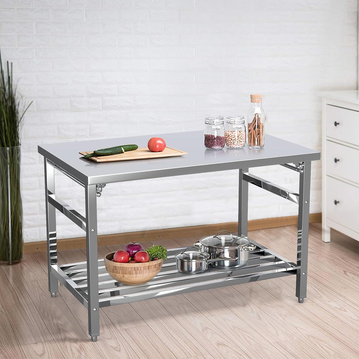 30 x 48 Inch Polished Stainless Steel Folding Work Table with Adjustable Undershelf