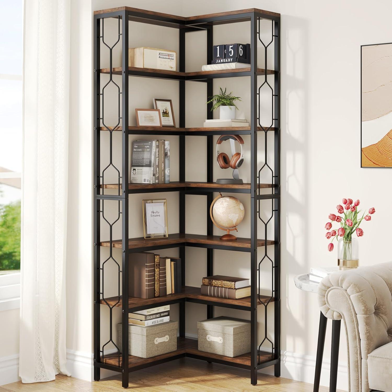 Rustic Brown 7-Tier Wood and Metal Corner Bookshelf