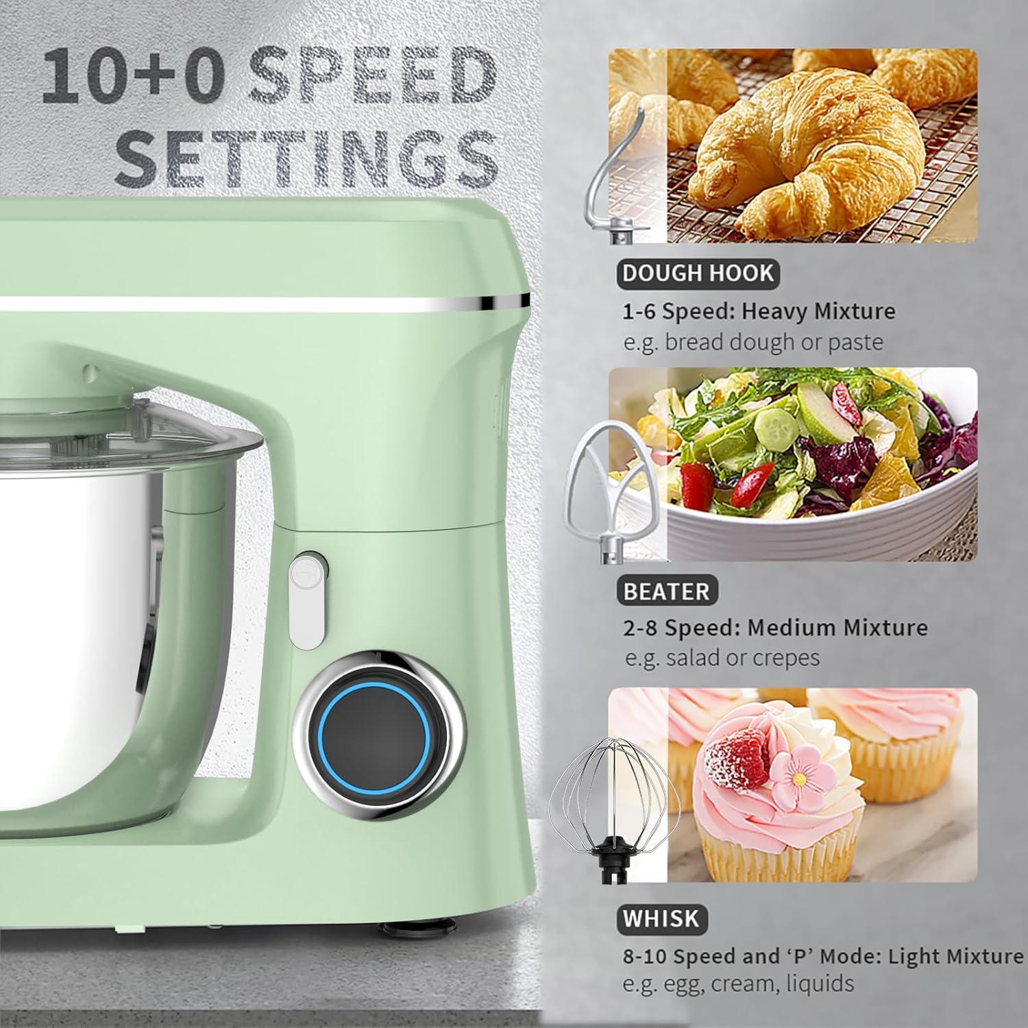 Stand Mixer, Dough Mixer, Cake Mixer, Kitchen Mixer with Bowl SS 5.5 QT, 450W Copper Motor, Standing Mixer with Beater, Dough Hook, SS Egg Whisk (450W Green)