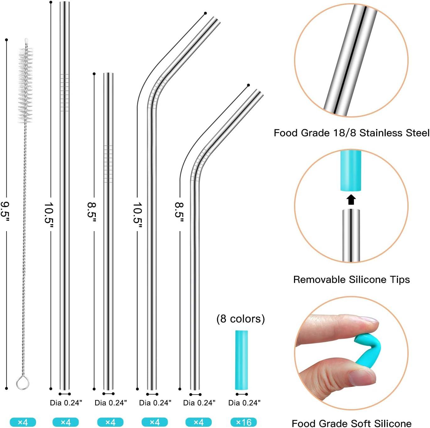 Set of 16 Reusable Stainless Steel Straws with Travel Case Cleaning Brush Silicone Tips Eco Friendly Extra Long Metal Straws Drinking for 20 24 30 oz Fit Yeti Tervis Rtic Tumbler