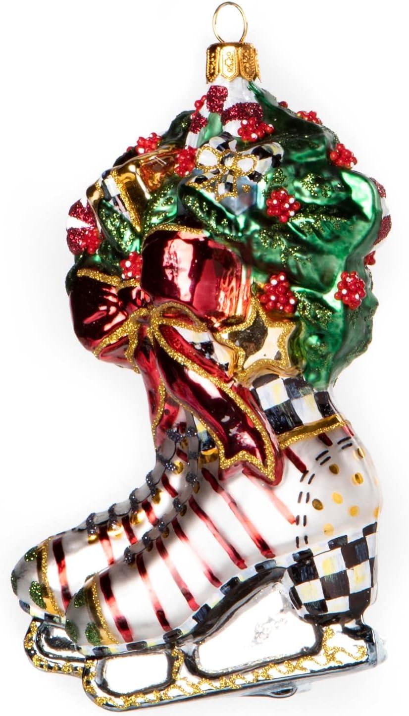 Handcrafted Holiday Skates Glass Ornament with Greenery