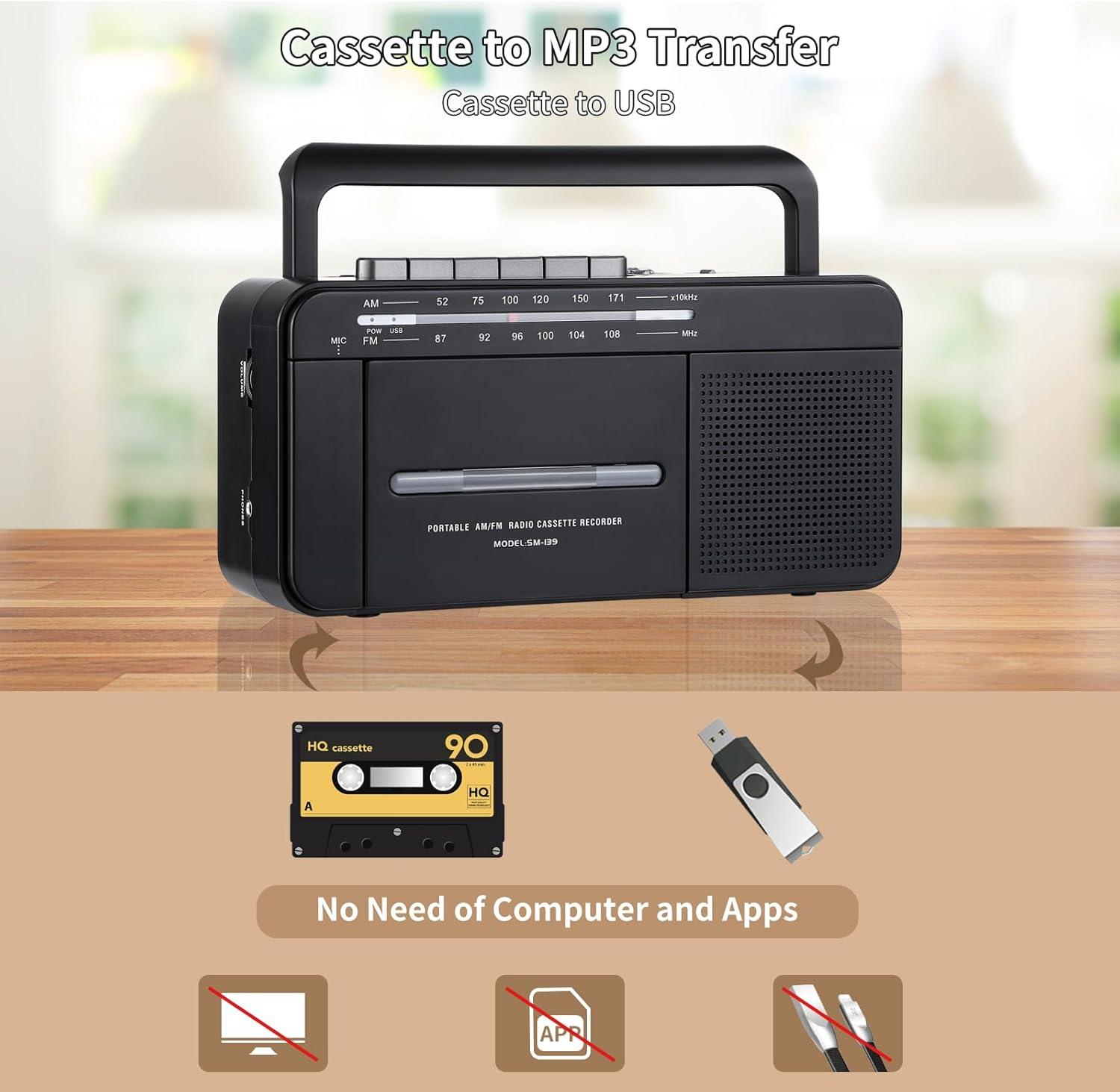 Boombox MP3 Conversion Cassette Tape Player Recorder AM FM Radio, Cassette to MP3 Digital Converter, USB Recording, Built-in Microphone, Big Speaker and Earphone Jack by AC or C Batteries
