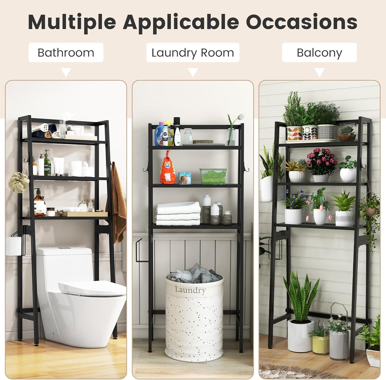 Tangkula Over-the-Toilet Storage 3-Tier Freestanding Bathroom Organizer Shelf w/ 2 Hanging Hooks & Toilet Paper Holder Black