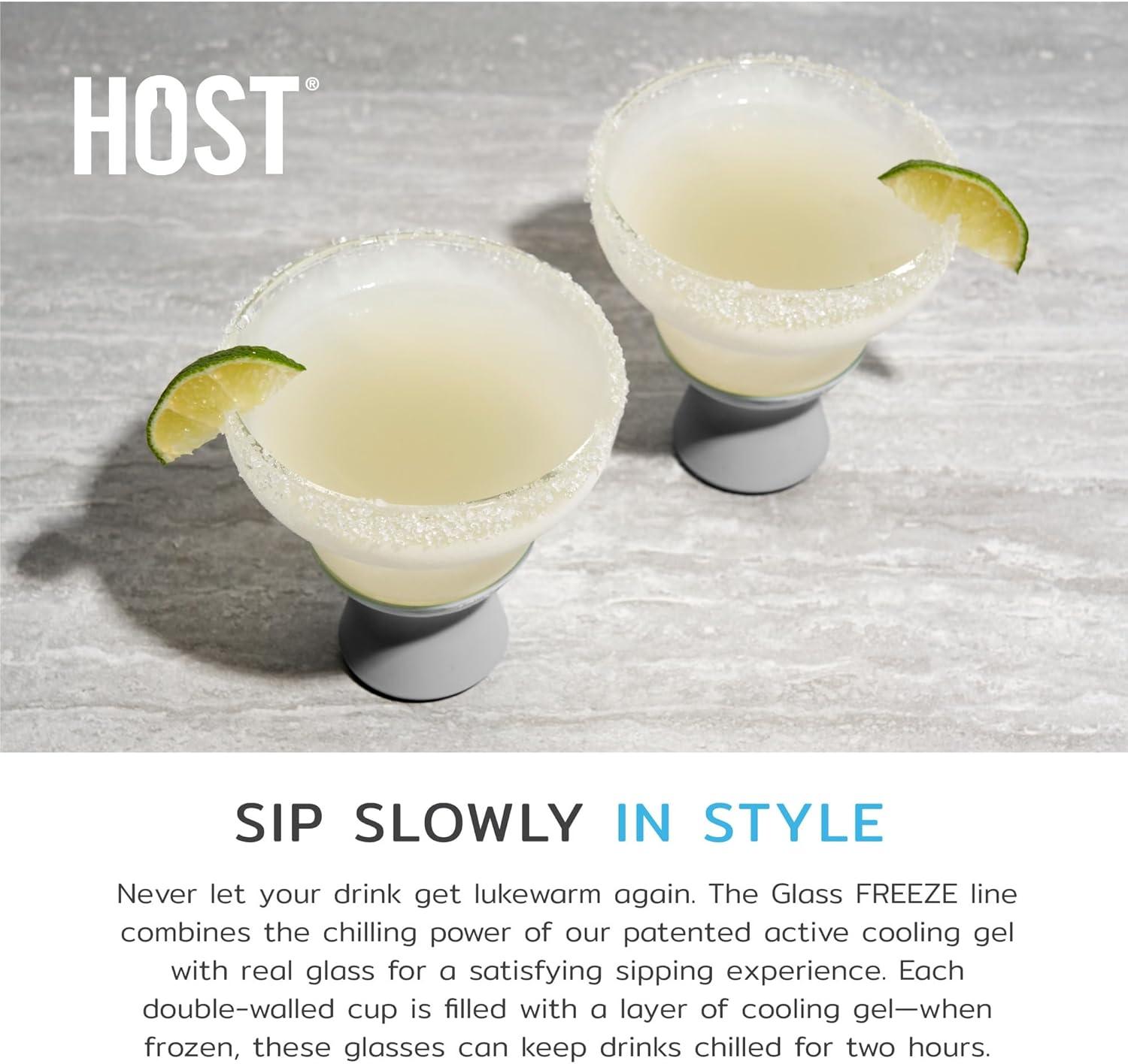 HOST Glass Freeze Stemless Margarita Glasses Drinking Set, Insulated Cocktail Glass Set with Silicone Band, 12oz Margarita Glasses Set of 2 in Gray