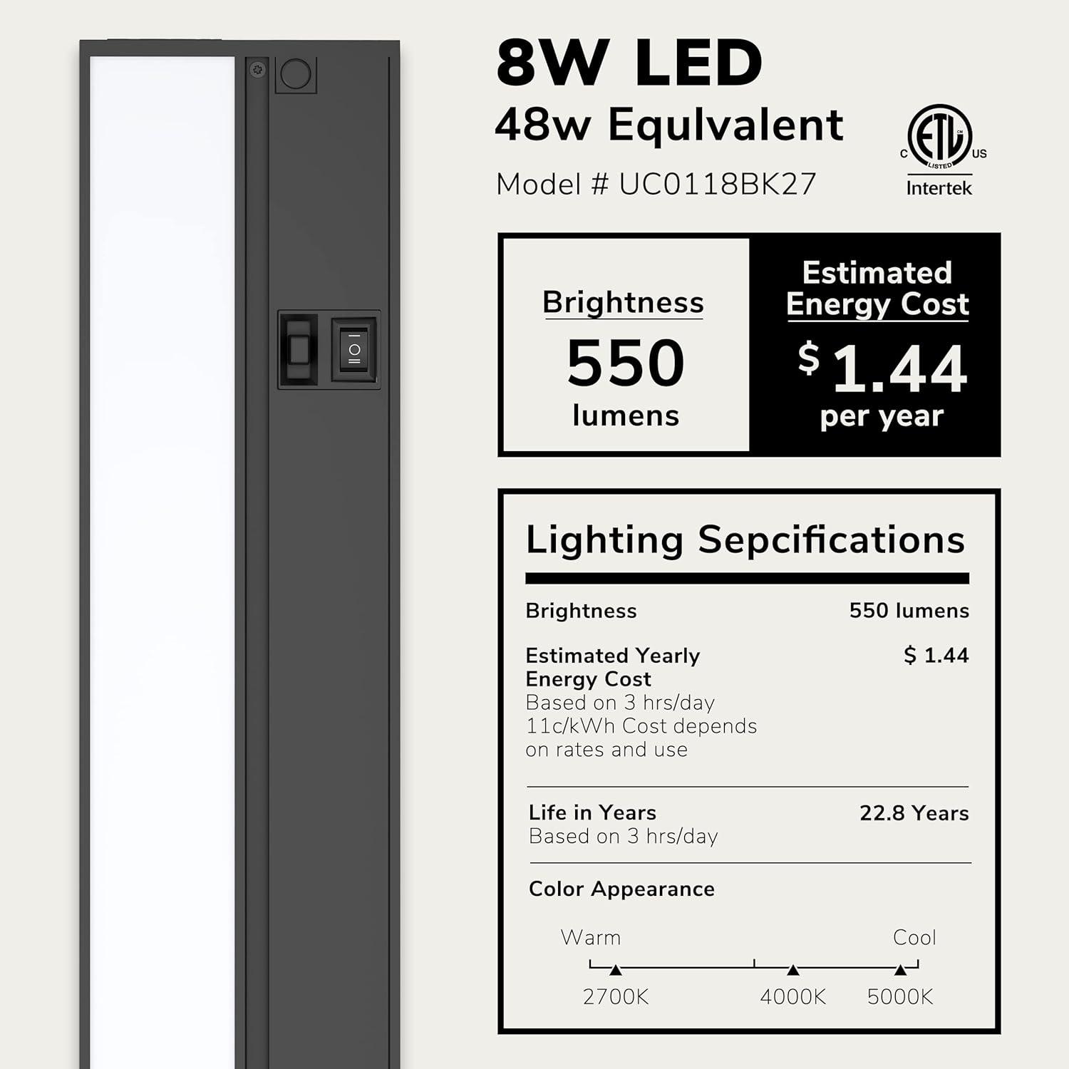 LAGOM 18" Direct Wire Dimmable LED Under Cabinet Lights, Selectable 2700K/4000K/5000K