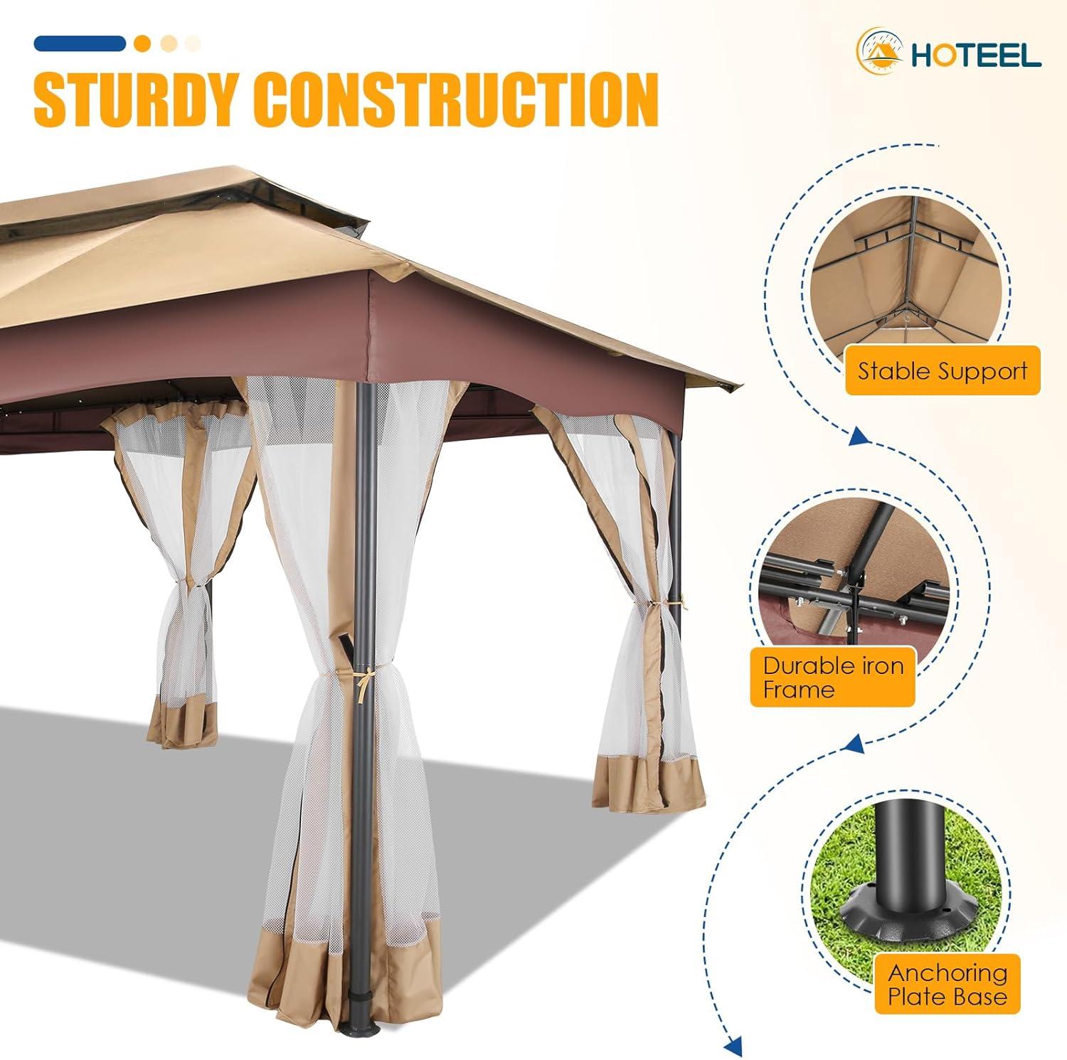 HOTEEL 10x20 Gazebo on Clearance, Outdoor Gazebo Tent with Mosquito Netting and Ventilated Double Flat Roof, Easy Set up Canopy Tent with Stable Metal Frame for Patio, Khaki (Upgraded 2.0)
