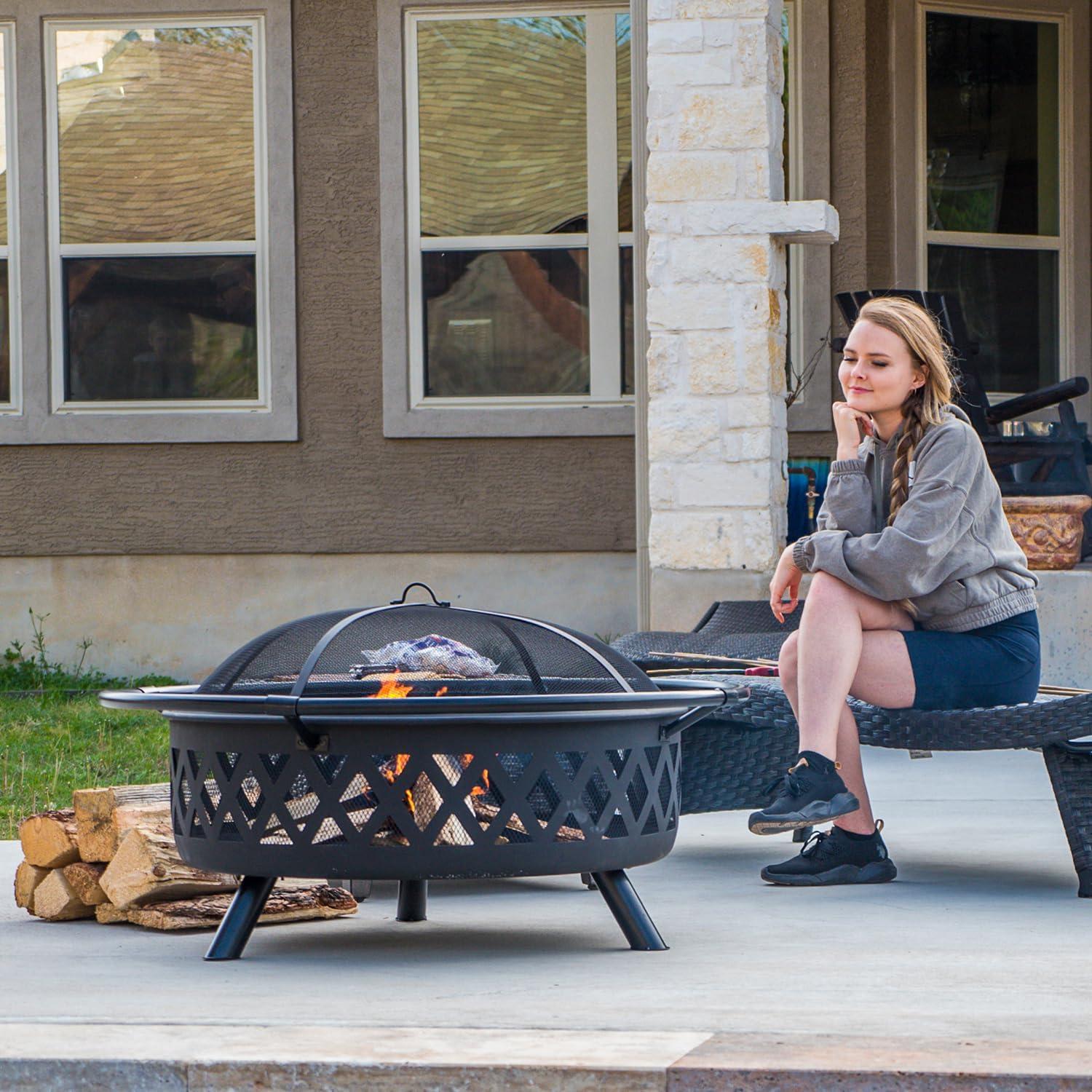 SUNCREAT 42” Patio Fire Pit Wood Burning with Mesh Spark Screen, Bonfire Outdoor firepit with Fireplace Poker, Black