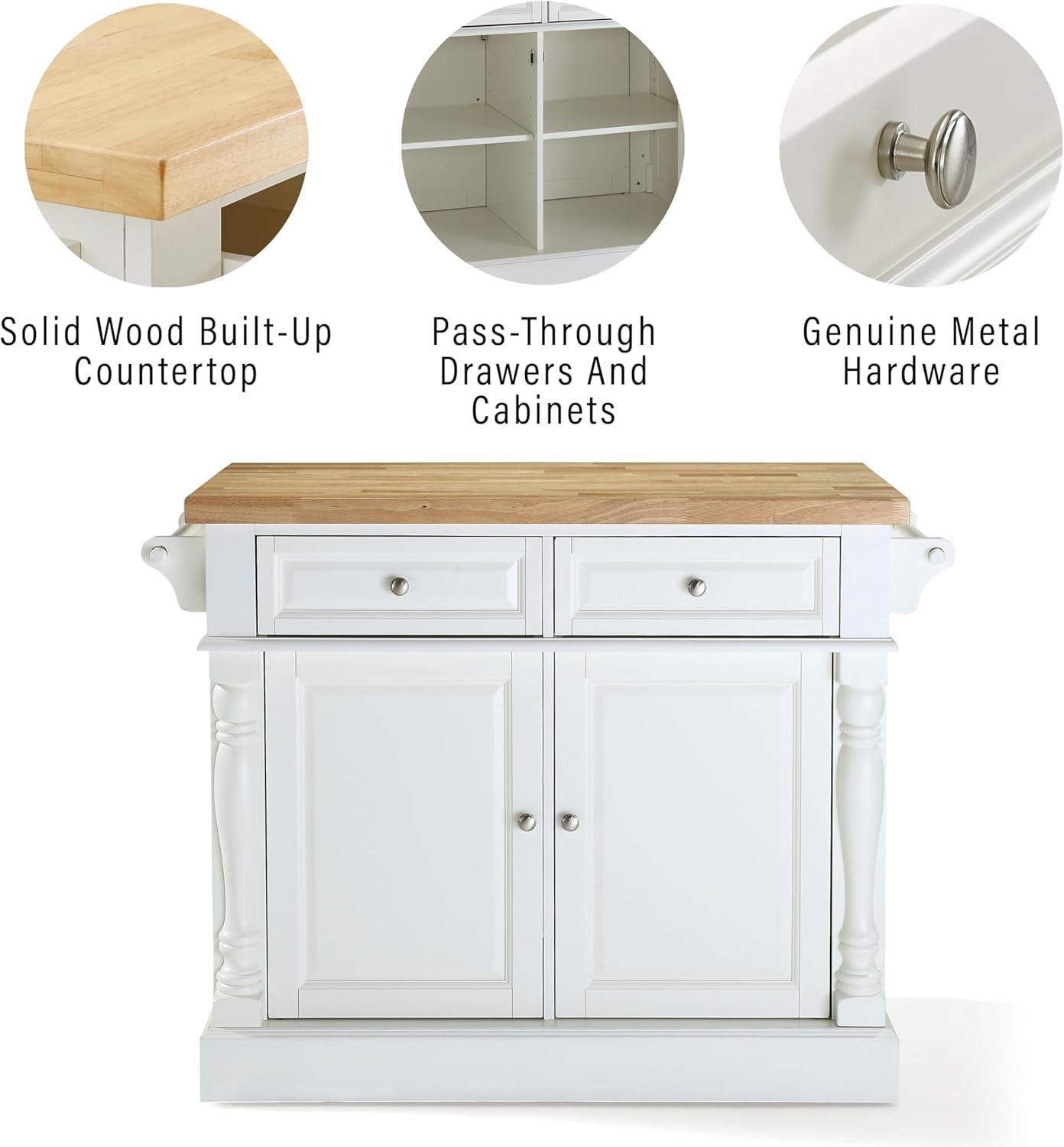 Crosley Butcher Block Top Kitchen Island - White: Hardwood Frame, Towel Bar, 4 Shelves, 2 Drawers