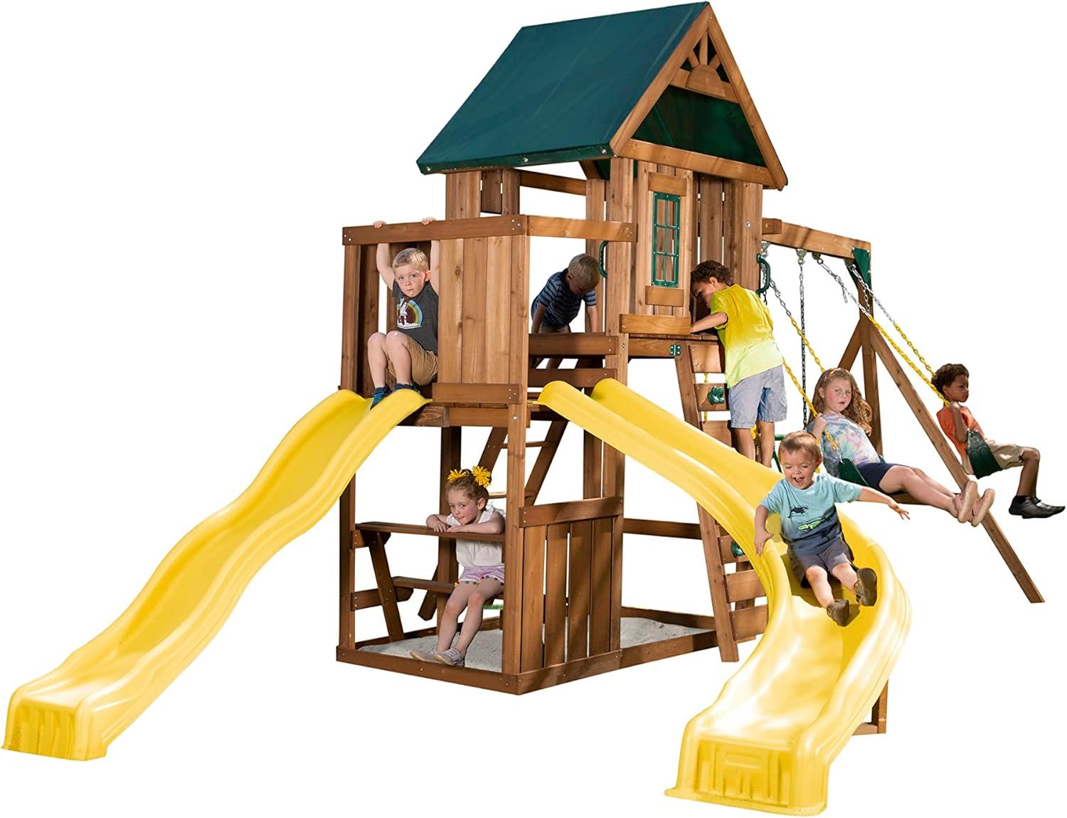 Swing-N-Slide Castlebrook Wooden Backyard Swing Set with Wave Slide, Curved Slide, Climbing Wall, and Swings