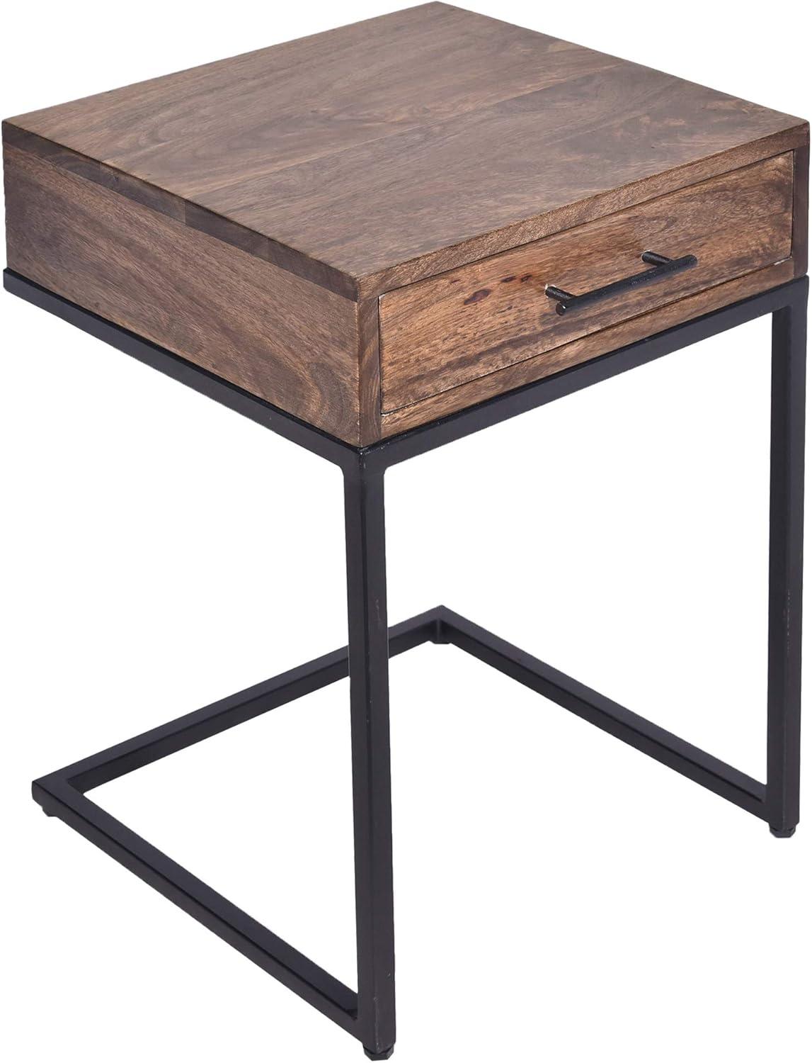 Brown Mango Wood Side Table with Black Iron Base and Drawer