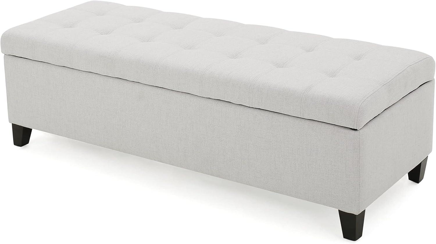 Light Grey Smooth Fabric Tufted Storage Ottoman Bench