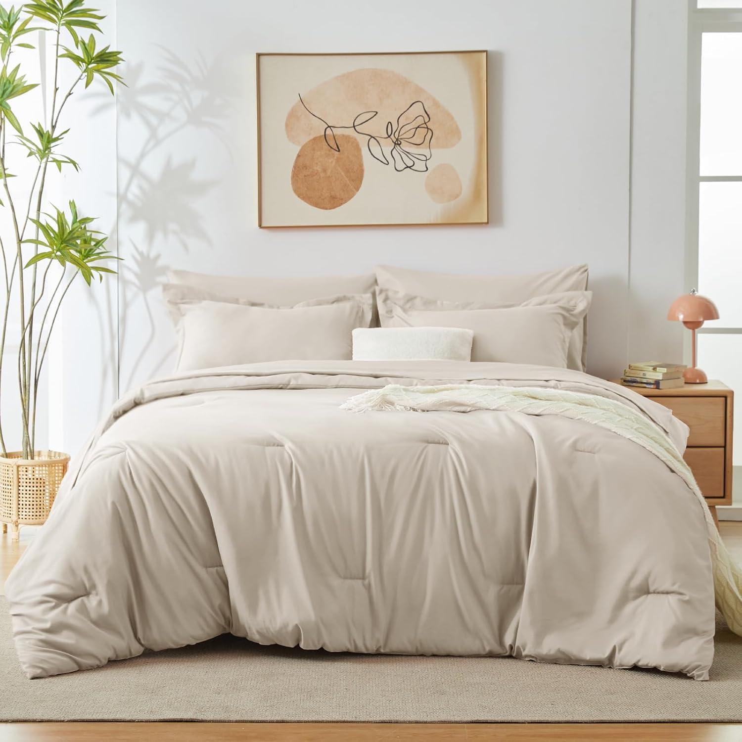 CozyLux Queen Comforter Set Beige, 7 Pieces Bed in a Bag Soft Bedding Comforter Set with Sheets, All Season Boho 7PC Bed Sets with Comforter, Fitted Sheets, Flat Sheets, Pillow Shams and Pillowcases