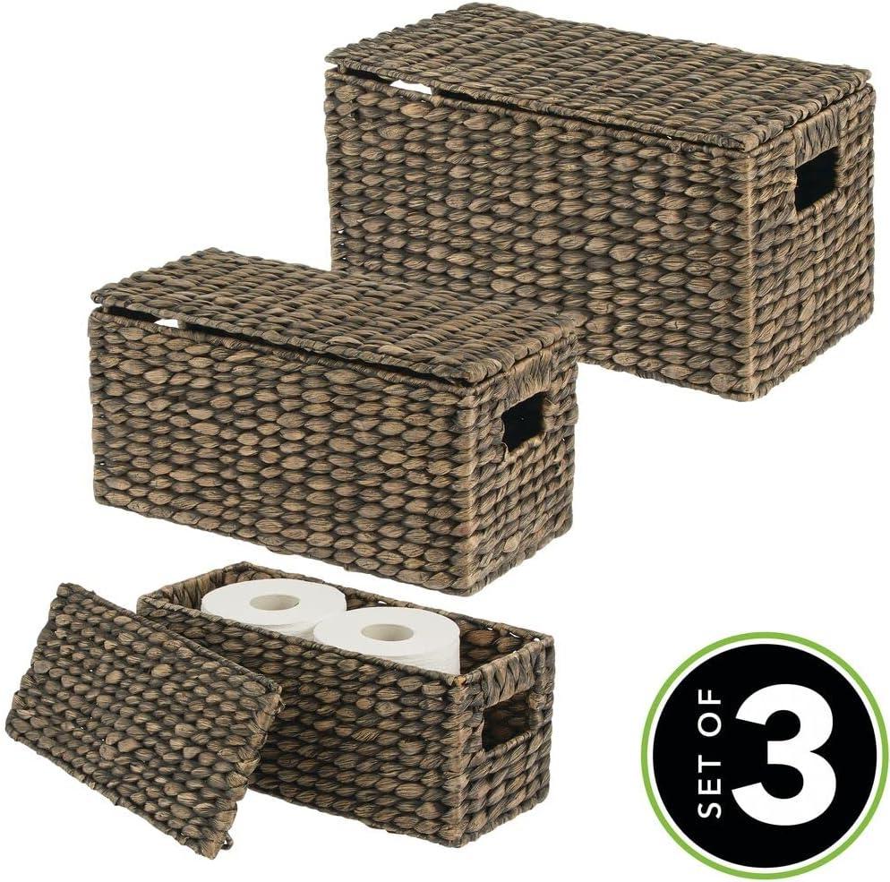 mDesign Woven Water Hyacinth Storage Basket, Lid/Handles, Set of 3