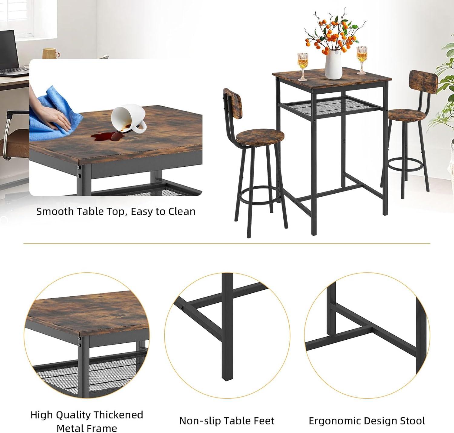 HSUNNS 3 Piece Pub Dining Set, Modern Square Bar Table and Stools with Backrest for 2, Kitchen Counter Height Wood Top Bistro for Breakfast Nook Living Room Apartment Small Space Restaurant, Brown