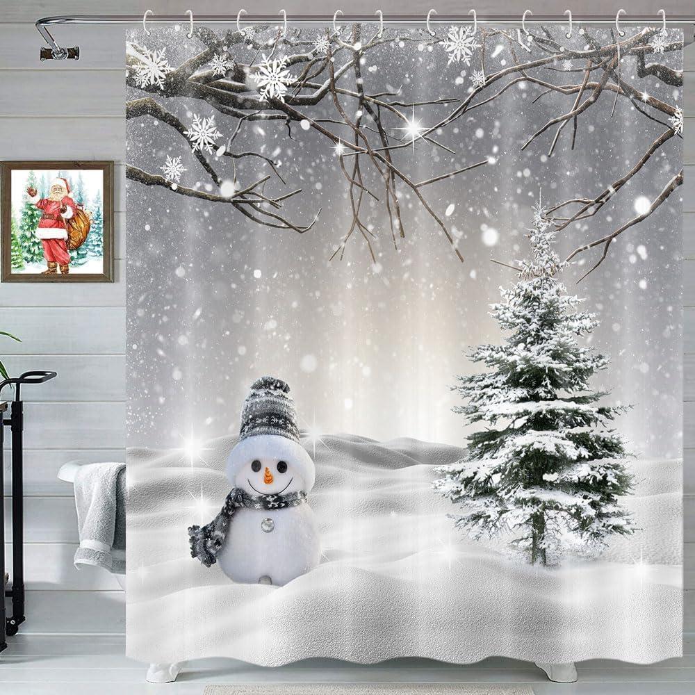 Farmhouse Winter Christmas Shower Curtain, Cute Snowman Snow Forest Pine Tree Scene Shower Curtain For Bathroom Rustic Xmas Snowflake Holiday Gray Bathroom Accessories Polyester 72"X72" With Hooks