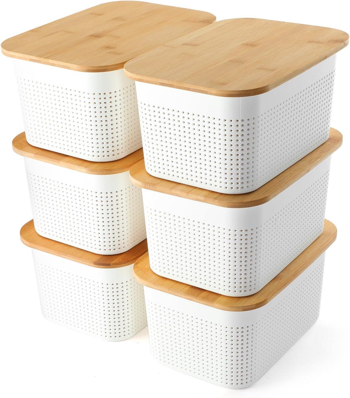 AREYZIN Plastic Storage Bins with Bamboo lids and Stackable Storage Baskets for Shelves Drawers Desktop Closet - Organize Your Home or Office with These Space-Saving Storage Solution,Black