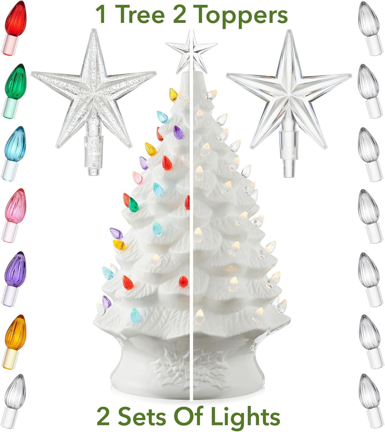 24" Hand Painted Ceramic Christmas Tree, Pre-Lit Tree with Star