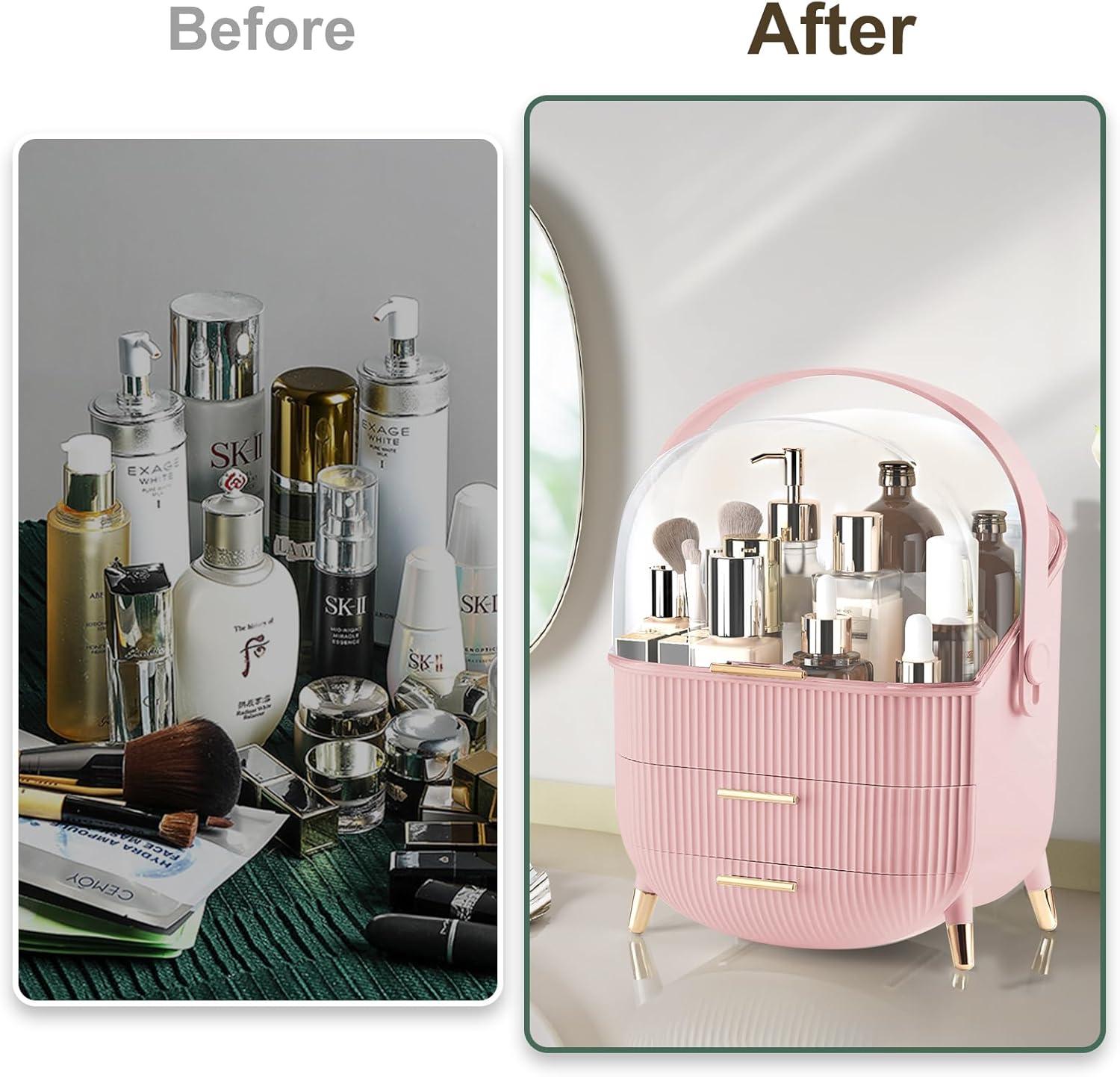 Rebrilliant Makeup Organizers And Storage, Make Up Organizer For Vanity Cosmetics Skincare Organizers With Lid And Drawers Display Cases For Countertop(Pink)